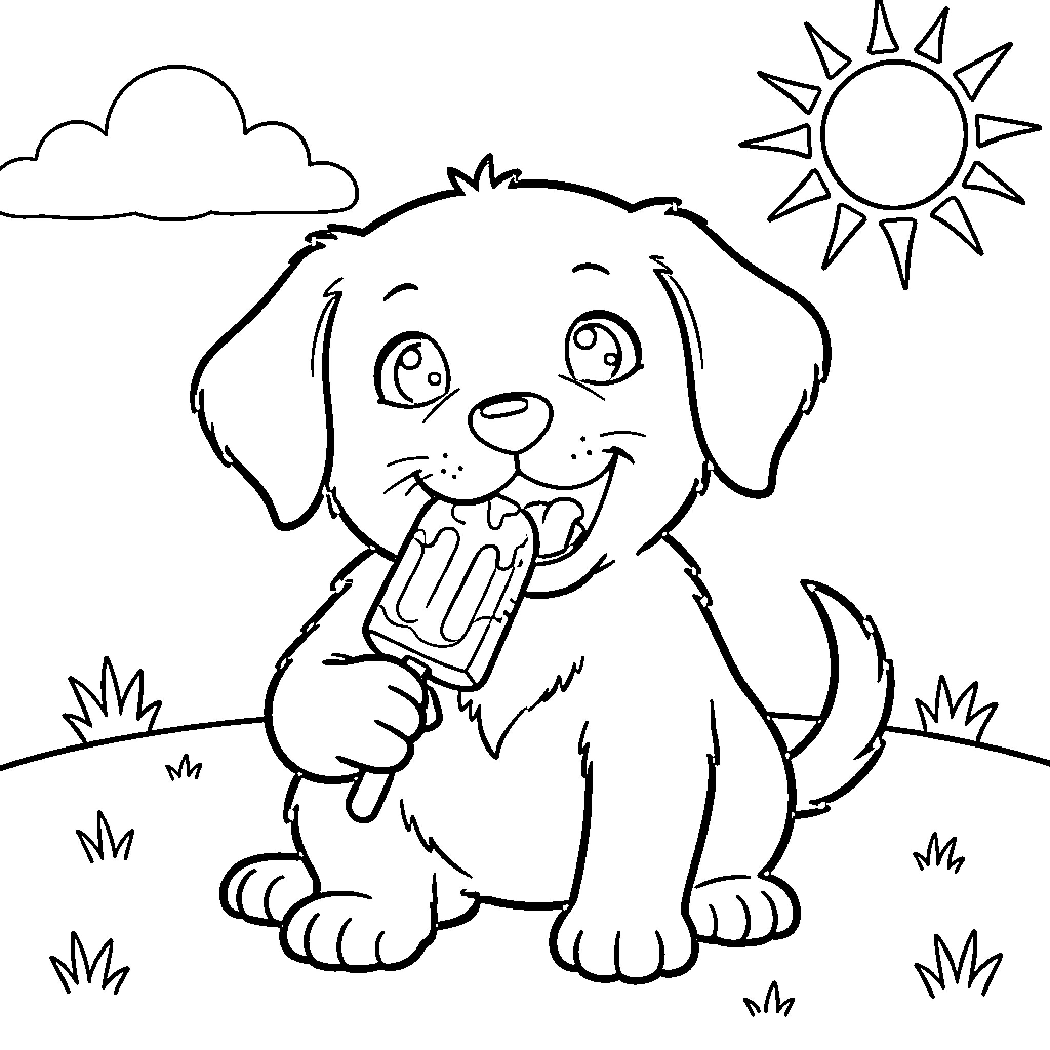 Puppy happily eating a popsicle under the sun Coloring Page (free black-and-white line drawing printable PDF for all, from beginners to advanced learners, including children, teens, adults, and seniors)