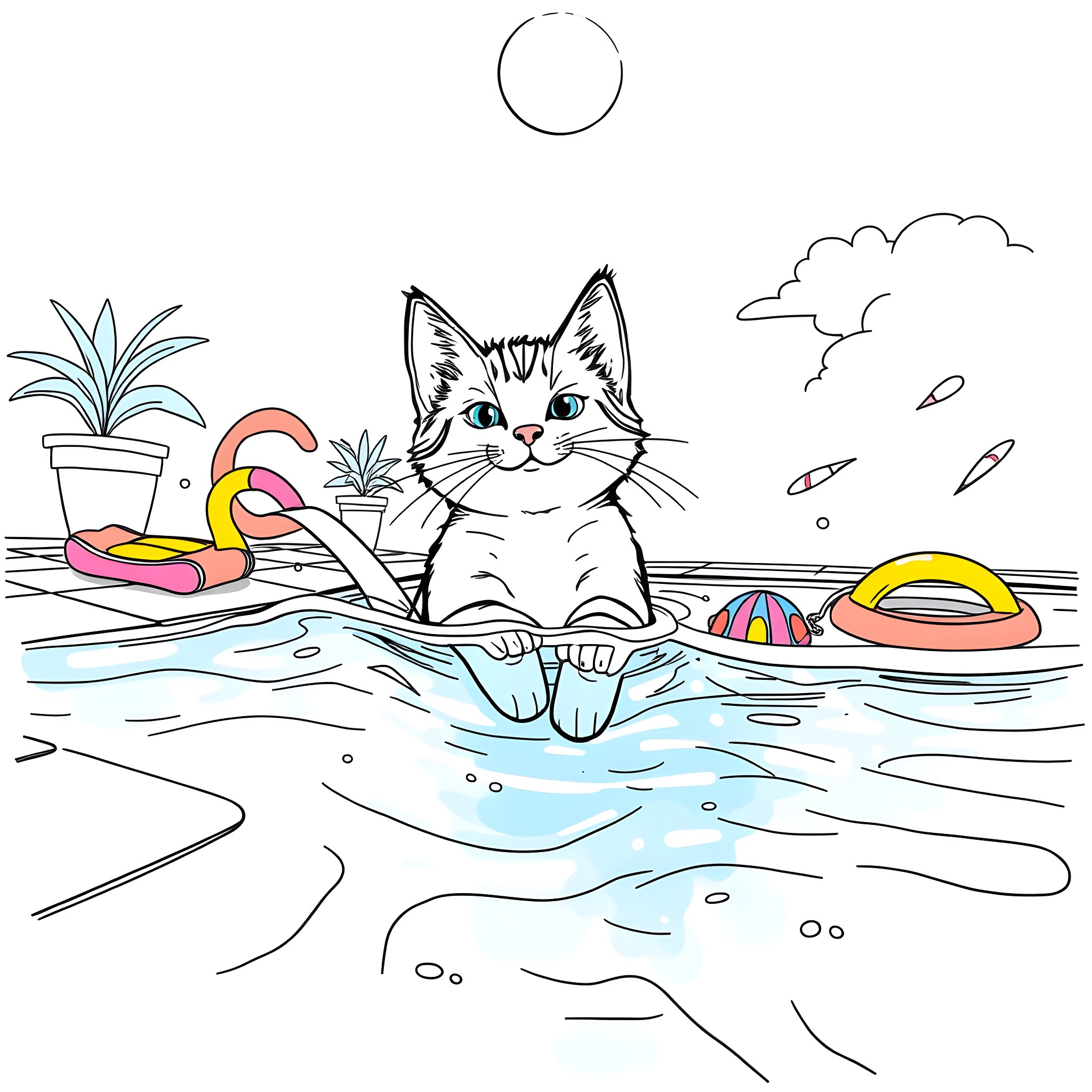 Cat Enjoying a Colorful Pool Party Coloring Page (free black-and-white line drawing printable PDF for all, from beginners to advanced learners, including children, teens, adults, and seniors)