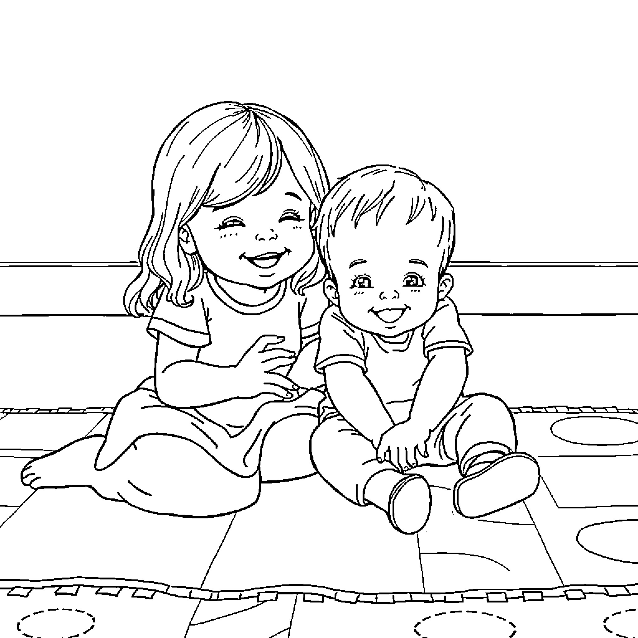 Sibling friends playing together happily Coloring Page (free black-and-white line drawing printable PDF for all, from beginners to advanced learners, including children, teens, adults, and seniors)