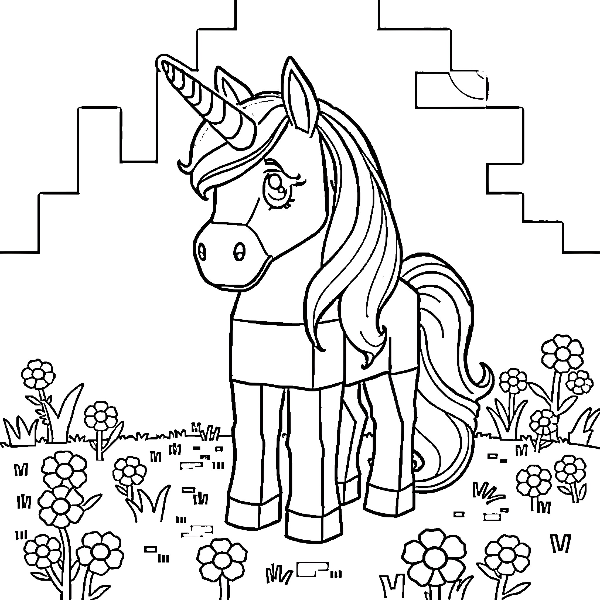 Unicorn standing among colorful flowers Coloring Page (free black-and-white line drawing printable PDF for all, from beginners to advanced learners, including children, teens, adults, and seniors)
