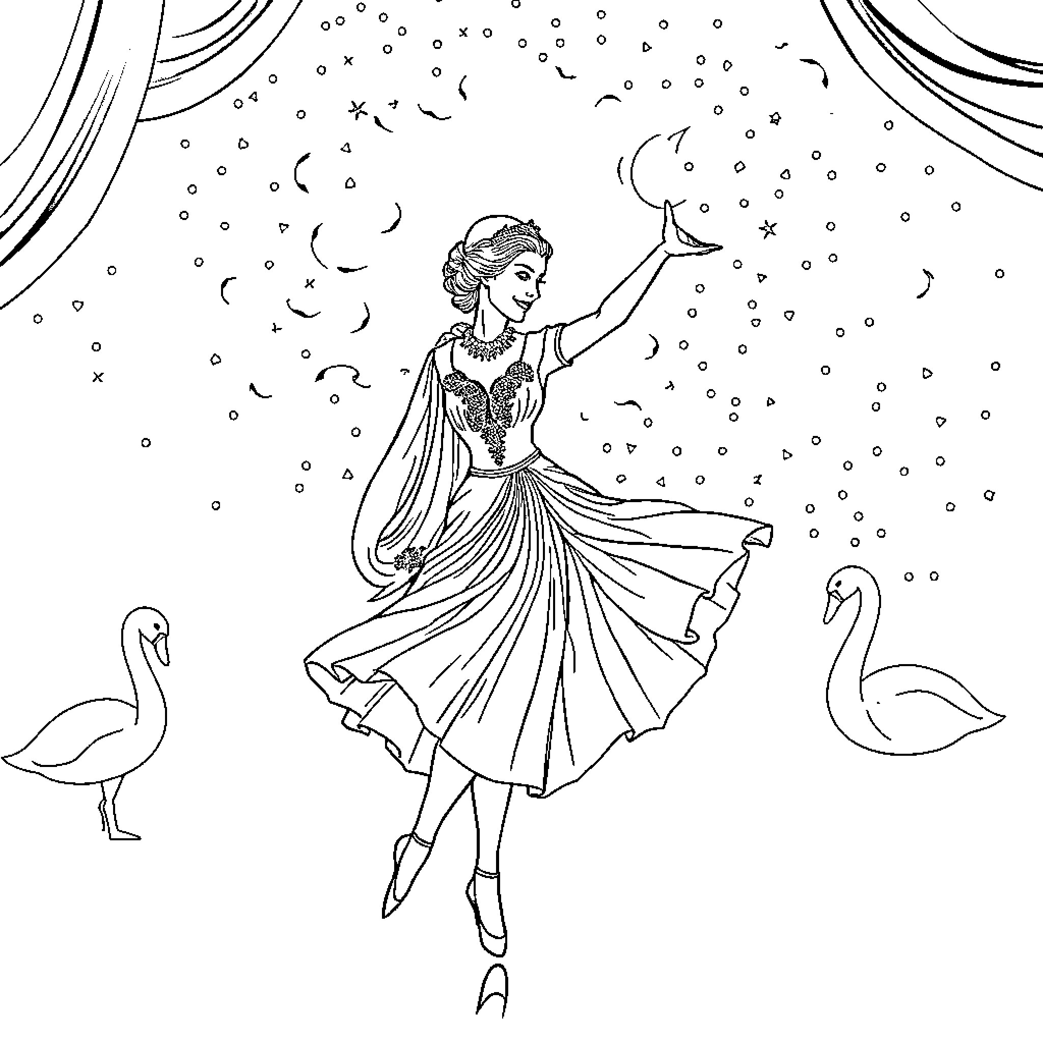 Queen Elizabeth Dancing with Swans in Snowfall Coloring Page (free black-and-white line drawing printable PDF for all, from beginners to advanced learners, including children, teens, adults, and seniors)