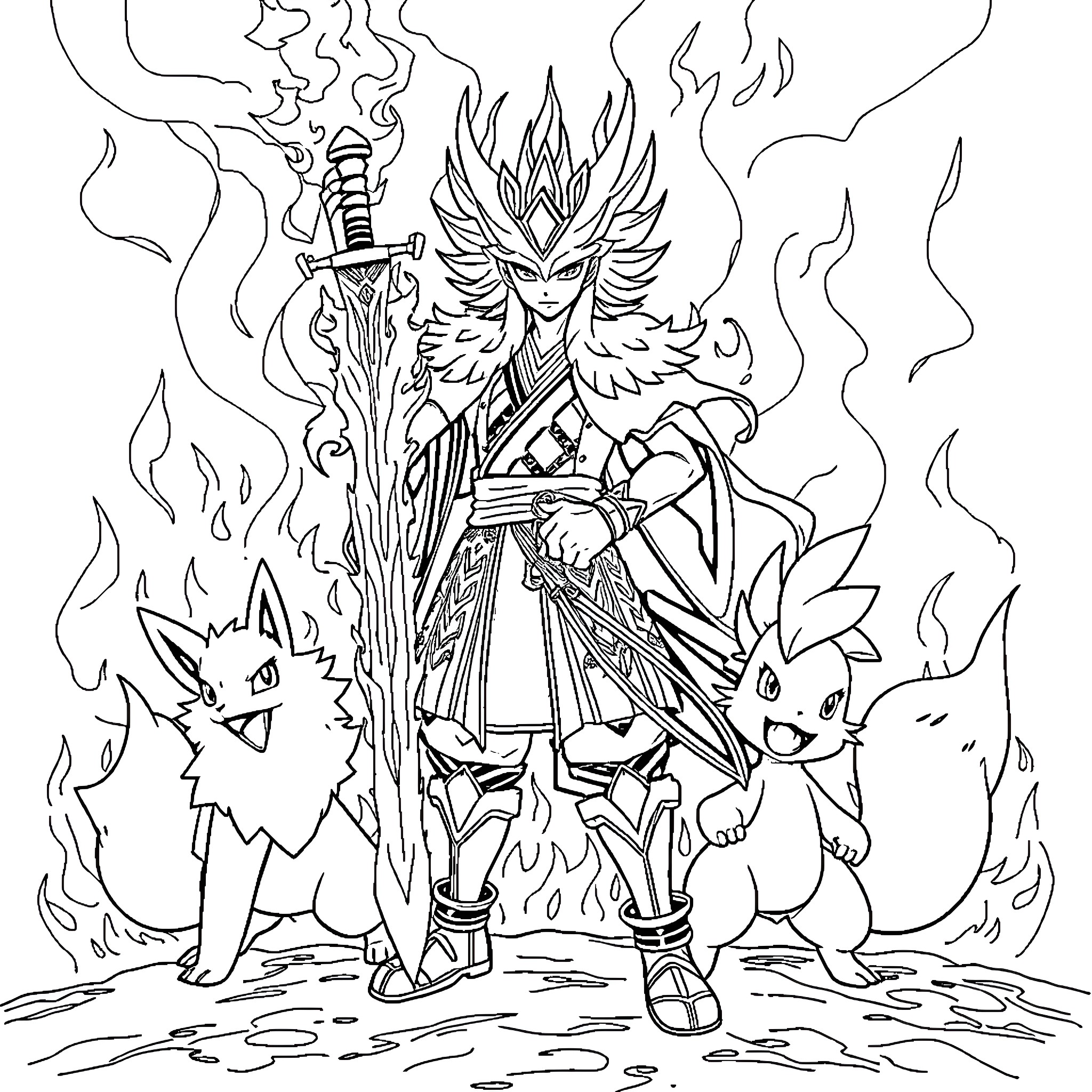 Rengoku's Fiery Determination Coloring Page (free black-and-white line drawing printable PDF for all, from beginners to advanced learners, including children, teens, adults, and seniors)