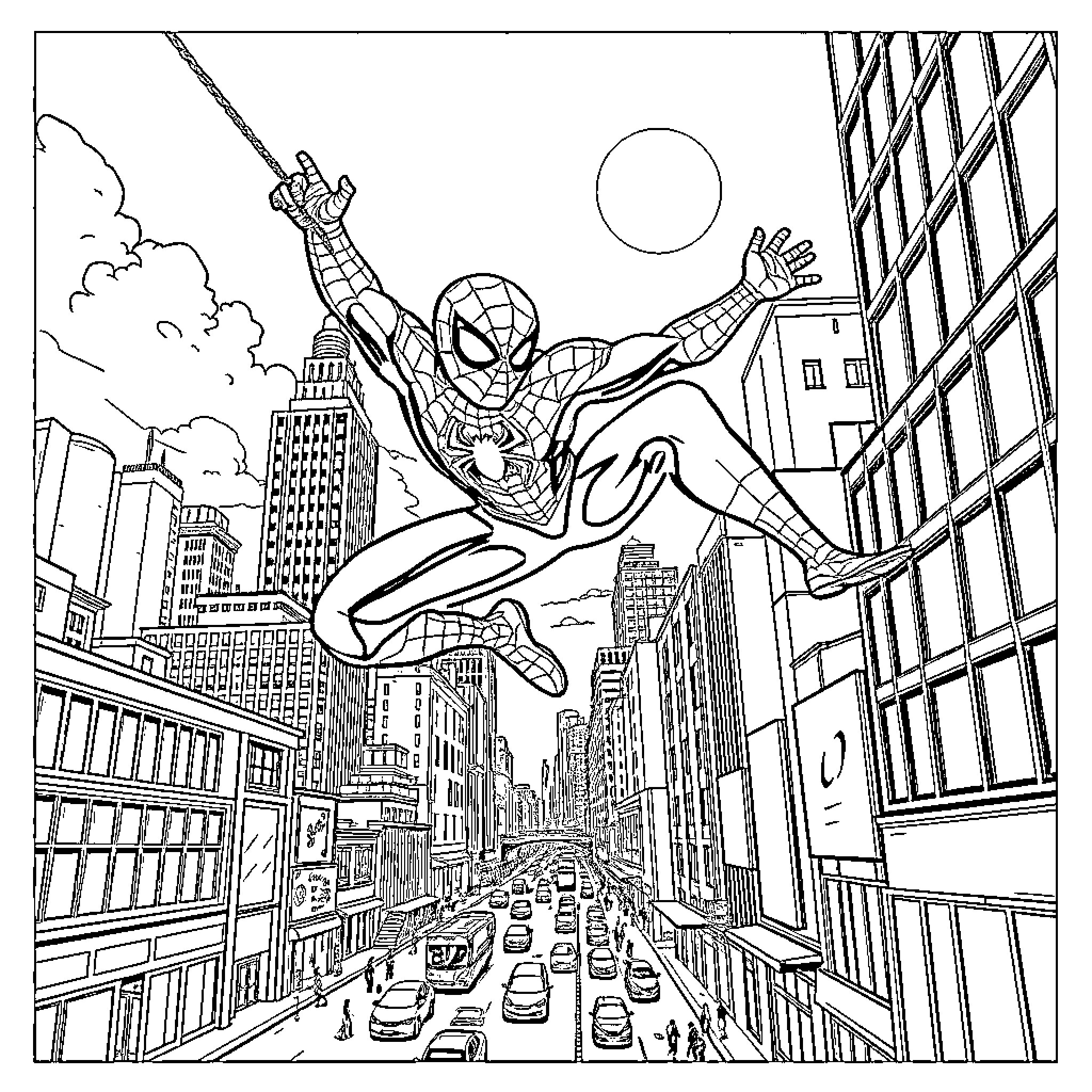 Spiderman swinging through the city skyline Coloring Page (free black-and-white line drawing printable PDF for all, from beginners to advanced learners, including children, teens, adults, and seniors)
