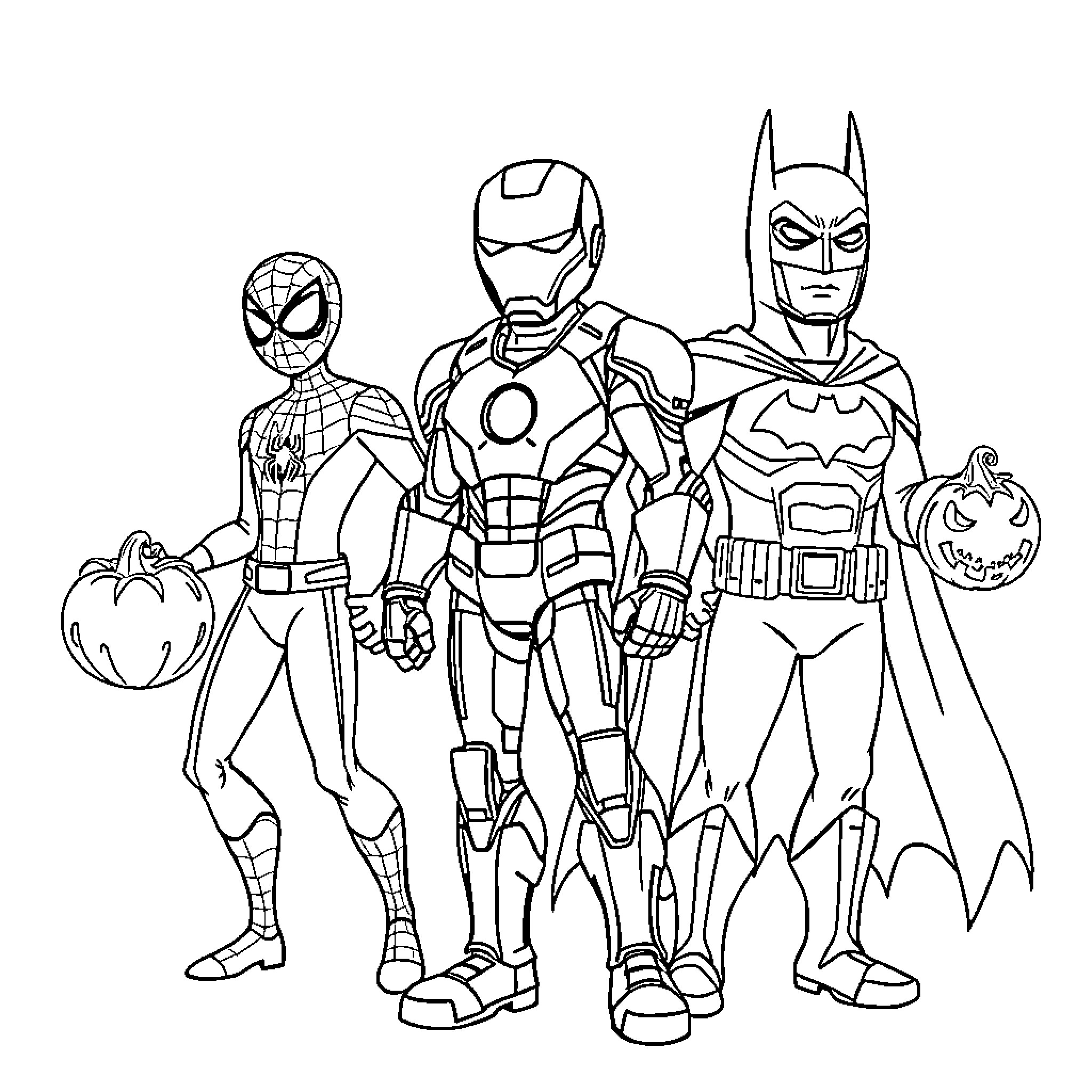 Hero Trio Preparing for Adventure Coloring Page (free black-and-white line drawing printable PDF for all, from beginners to advanced learners, including children, teens, adults, and seniors)