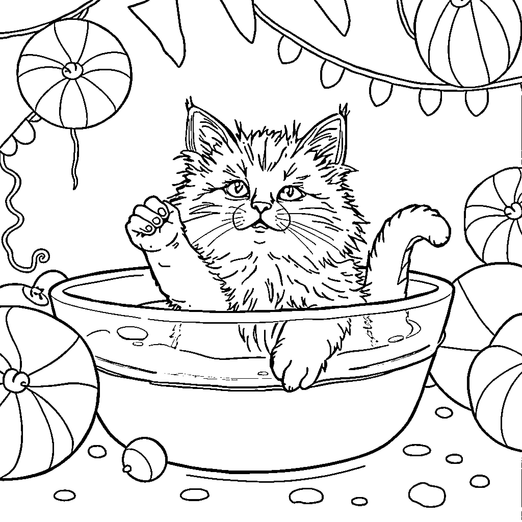 Cat relaxing in a playful setting Coloring Page (free black-and-white line drawing printable PDF for all, from beginners to advanced learners, including children, teens, adults, and seniors)