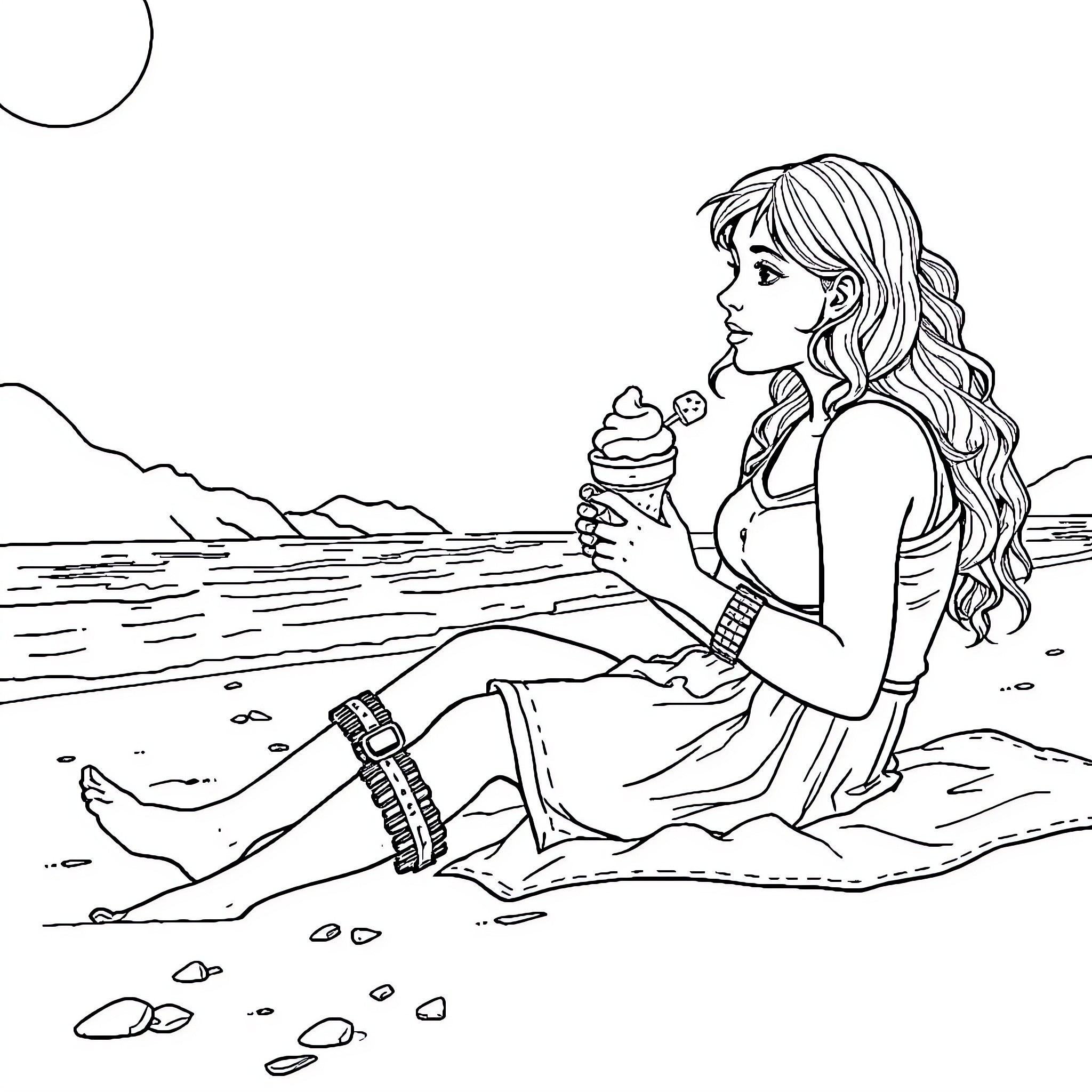 Heidi enjoying a seaside ice cream treat Coloring Page (free black-and-white line drawing printable PDF for all, from beginners to advanced learners, including children, teens, adults, and seniors)