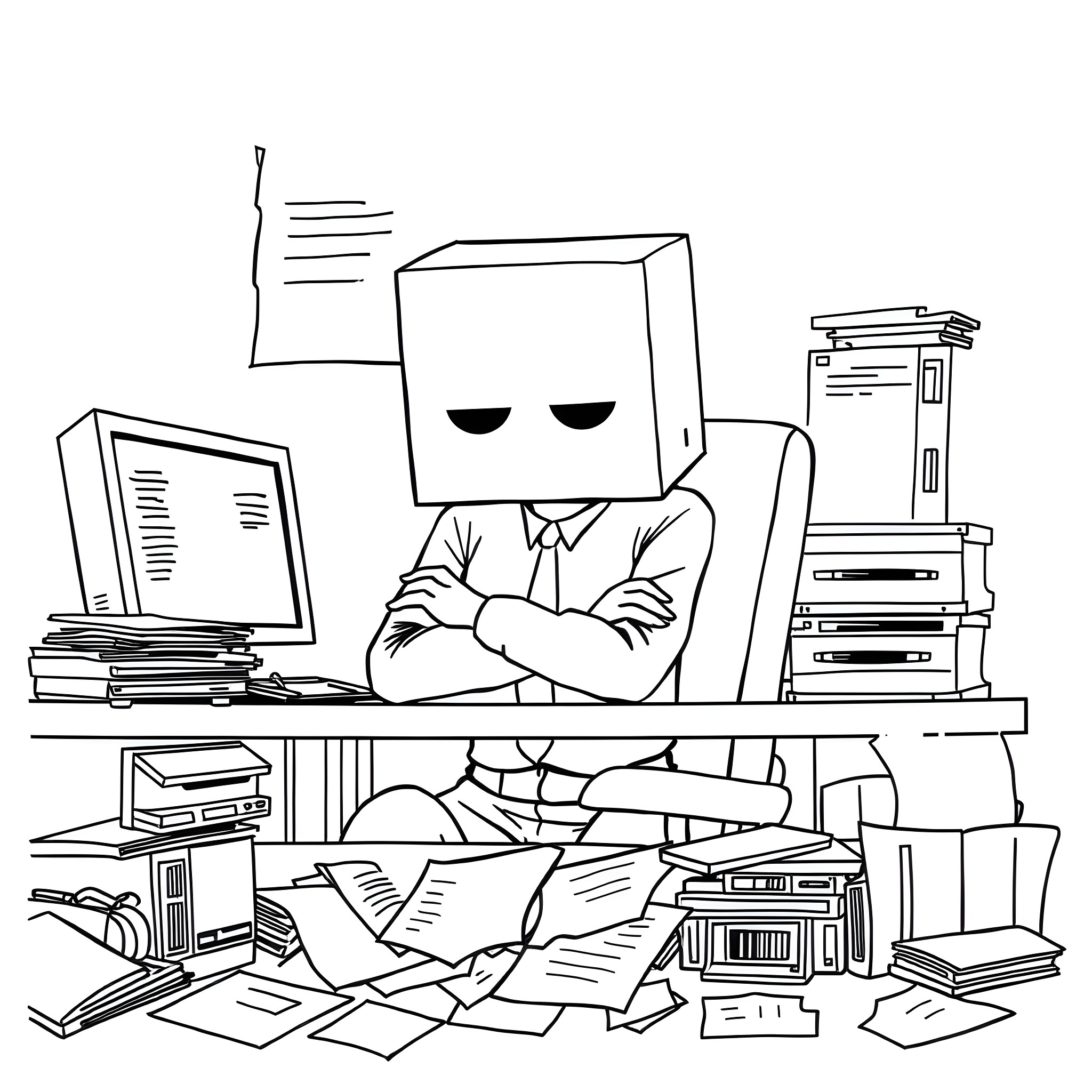 Guy sitting at desk with computer and office supplies Coloring Page (free black-and-white line drawing printable PDF for all, from beginners to advanced learners, including children, teens, adults, and seniors)