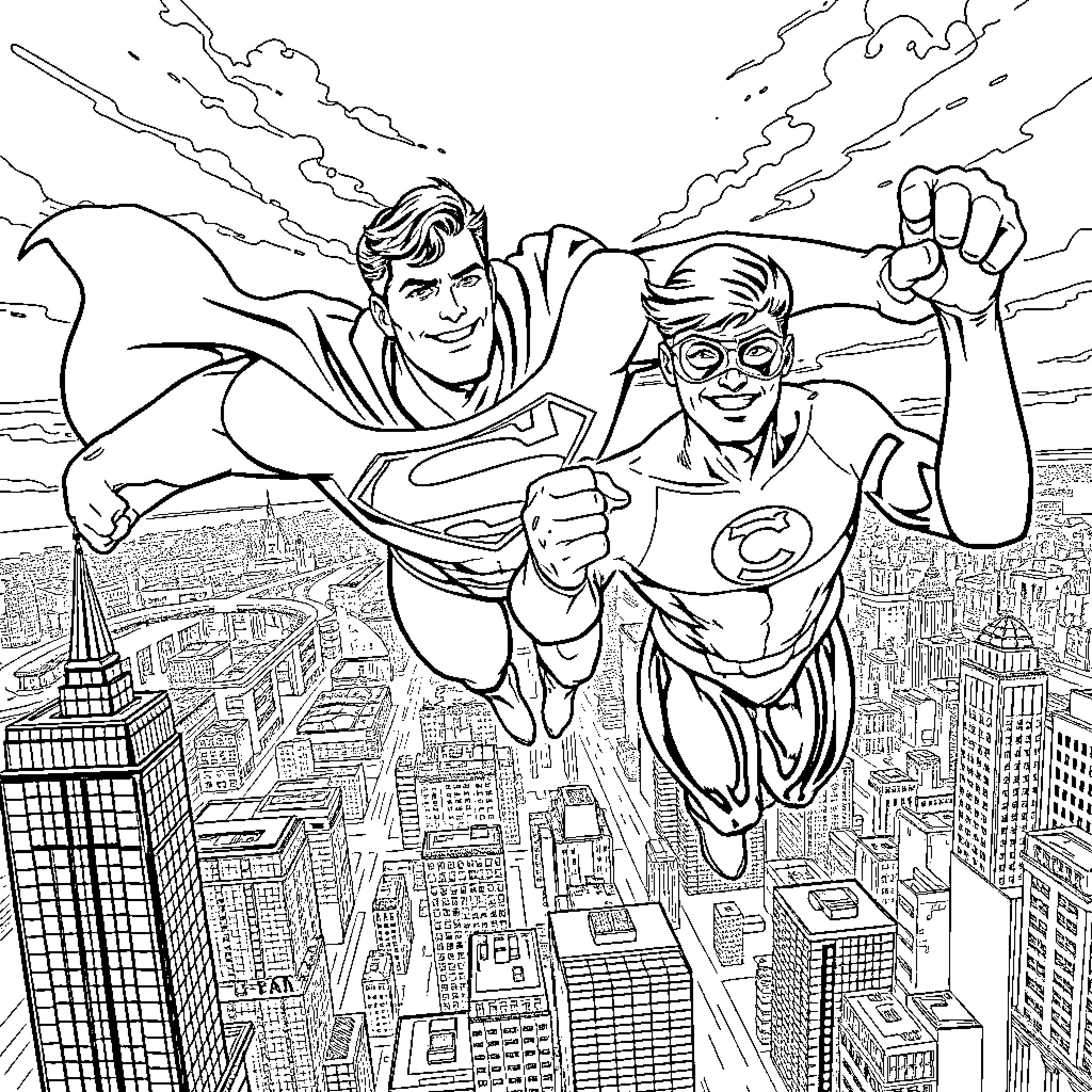 Superman and friend soar over the city skyline Coloring Page (free black-and-white line drawing printable PDF for all, from beginners to advanced learners, including children, teens, adults, and seniors)
