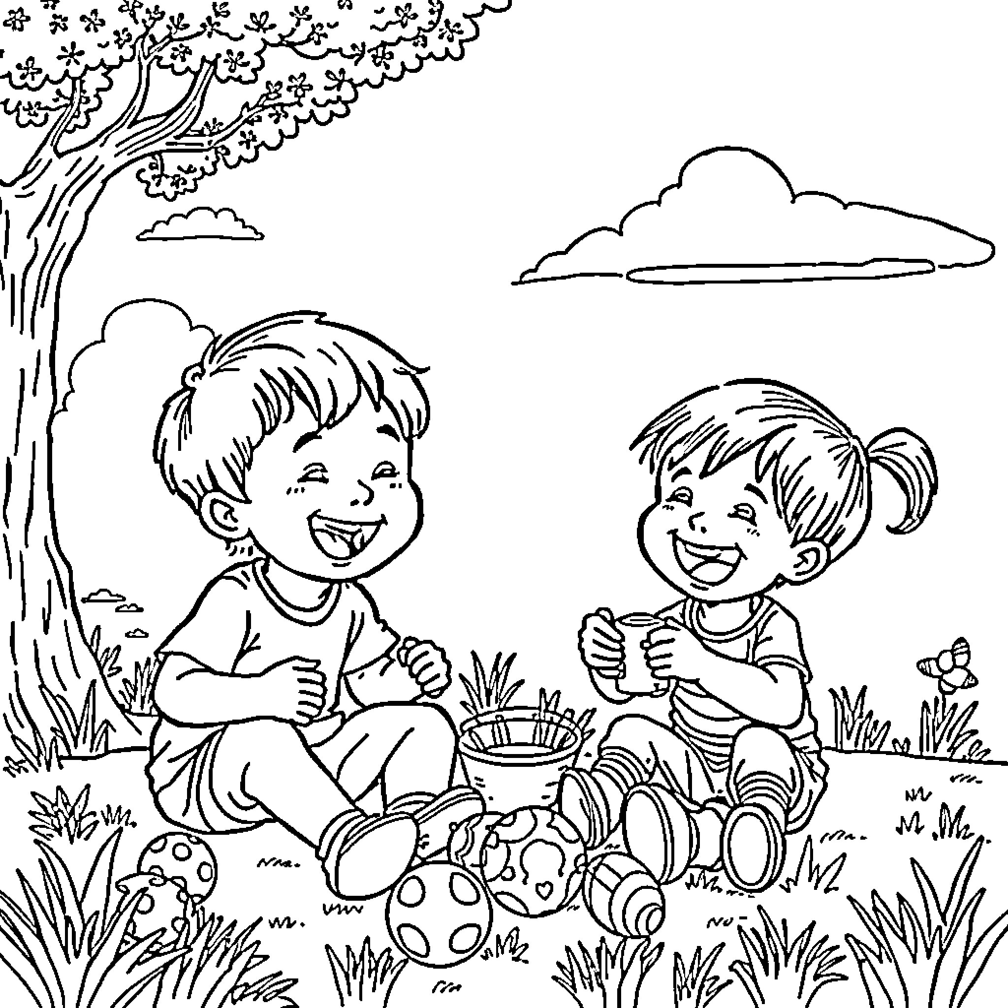 Child friends enjoying outdoor activities in nature Coloring Page (free black-and-white line drawing printable PDF for all, from beginners to advanced learners, including children, teens, adults, and seniors)