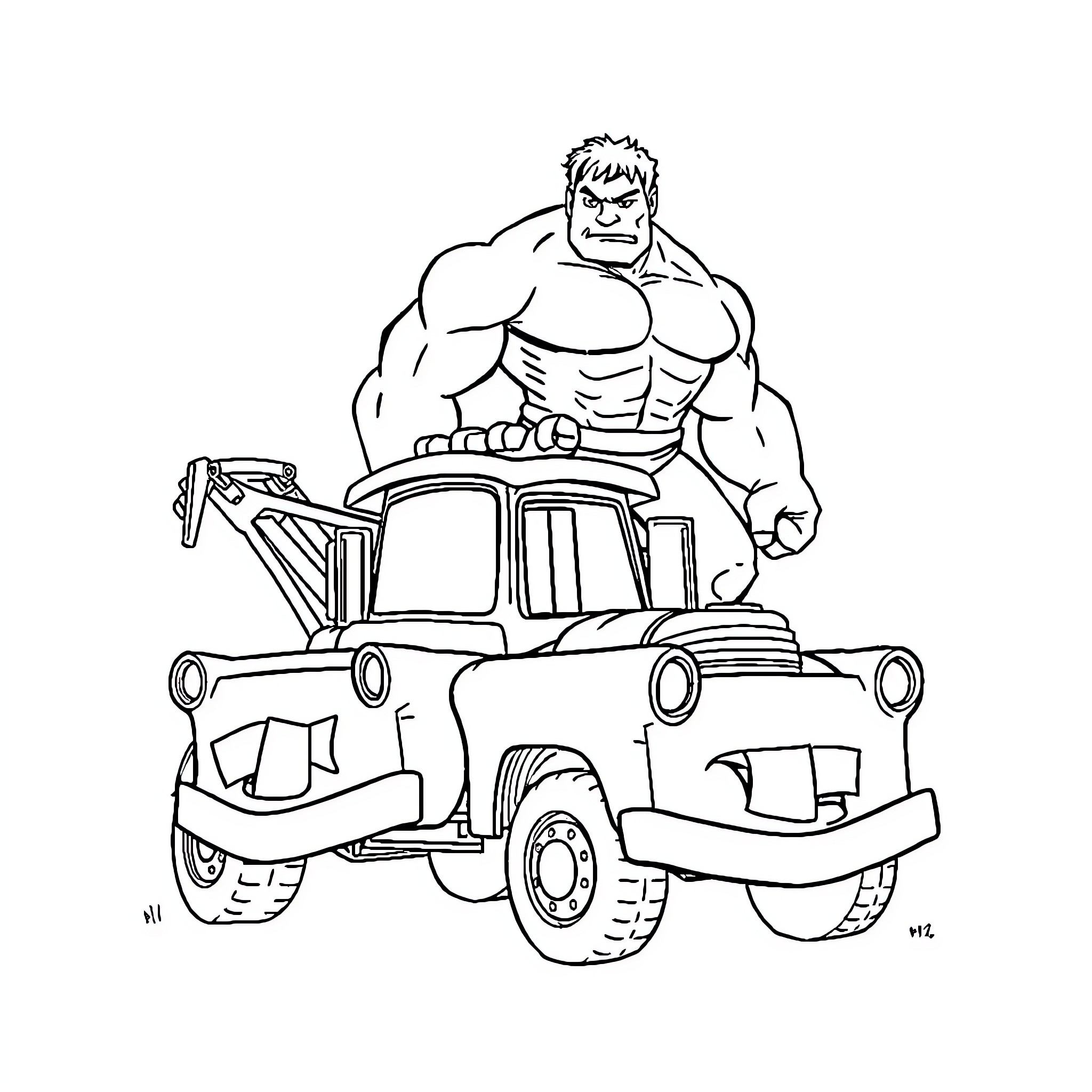 Tow Mater and the Incredible Hulk towing a car Coloring Page (free black-and-white line drawing printable PDF for all, from beginners to advanced learners, including children, teens, adults, and seniors)