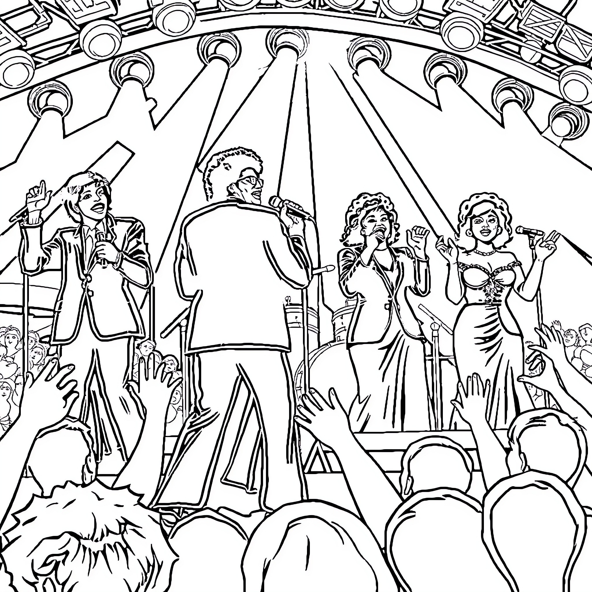 Supremes Performing on Stage with Cheering Crowd Coloring Page (free black-and-white line drawing printable PDF for all, from beginners to advanced learners, including children, teens, adults, and seniors)