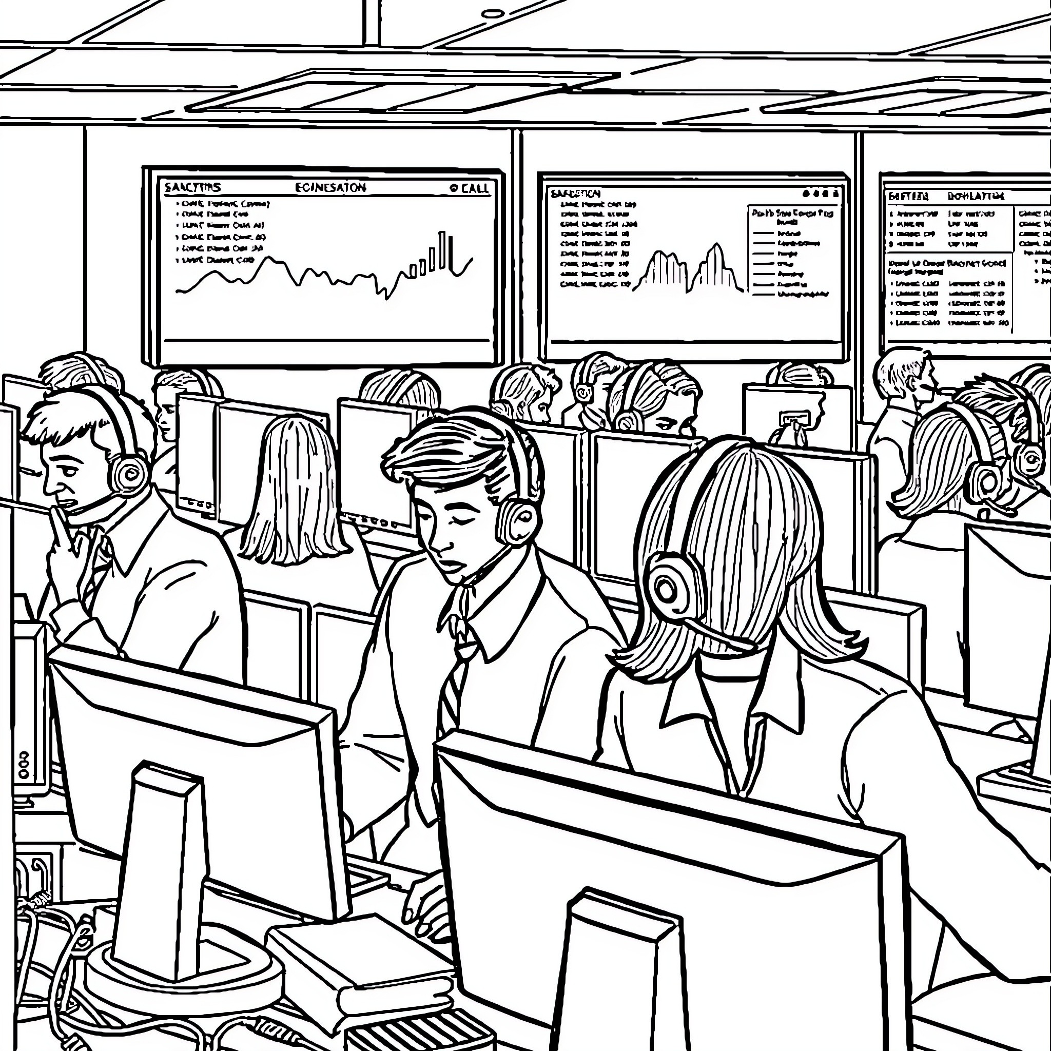 BTS: Employees working diligently in a bustling office Coloring Page (free black-and-white line drawing printable PDF for all, from beginners to advanced learners, including children, teens, adults, and seniors)