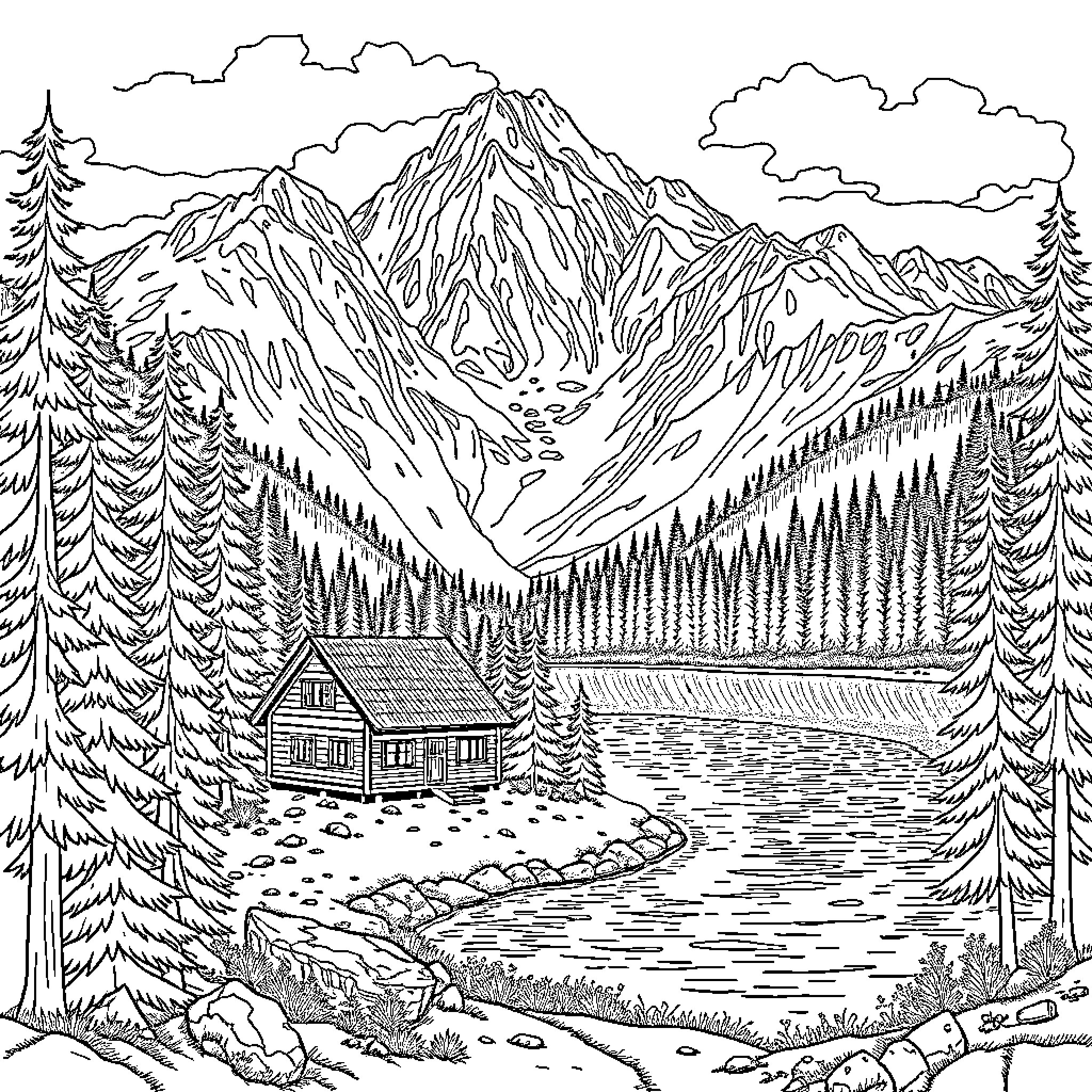 Cabin in the serene mountain landscape Coloring Page (free black-and-white line drawing printable PDF for all, from beginners to advanced learners, including children, teens, adults, and seniors)