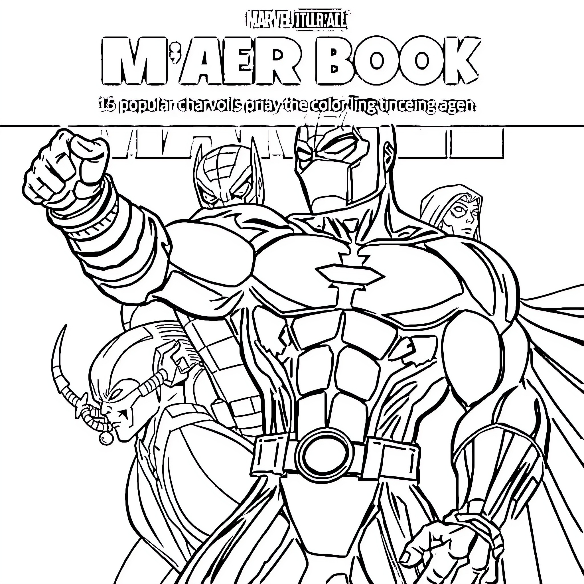 Marvel Character Superheroes in Action Poses Coloring Page (free black-and-white line drawing printable PDF for all, from beginners to advanced learners, including children, teens, adults, and seniors)