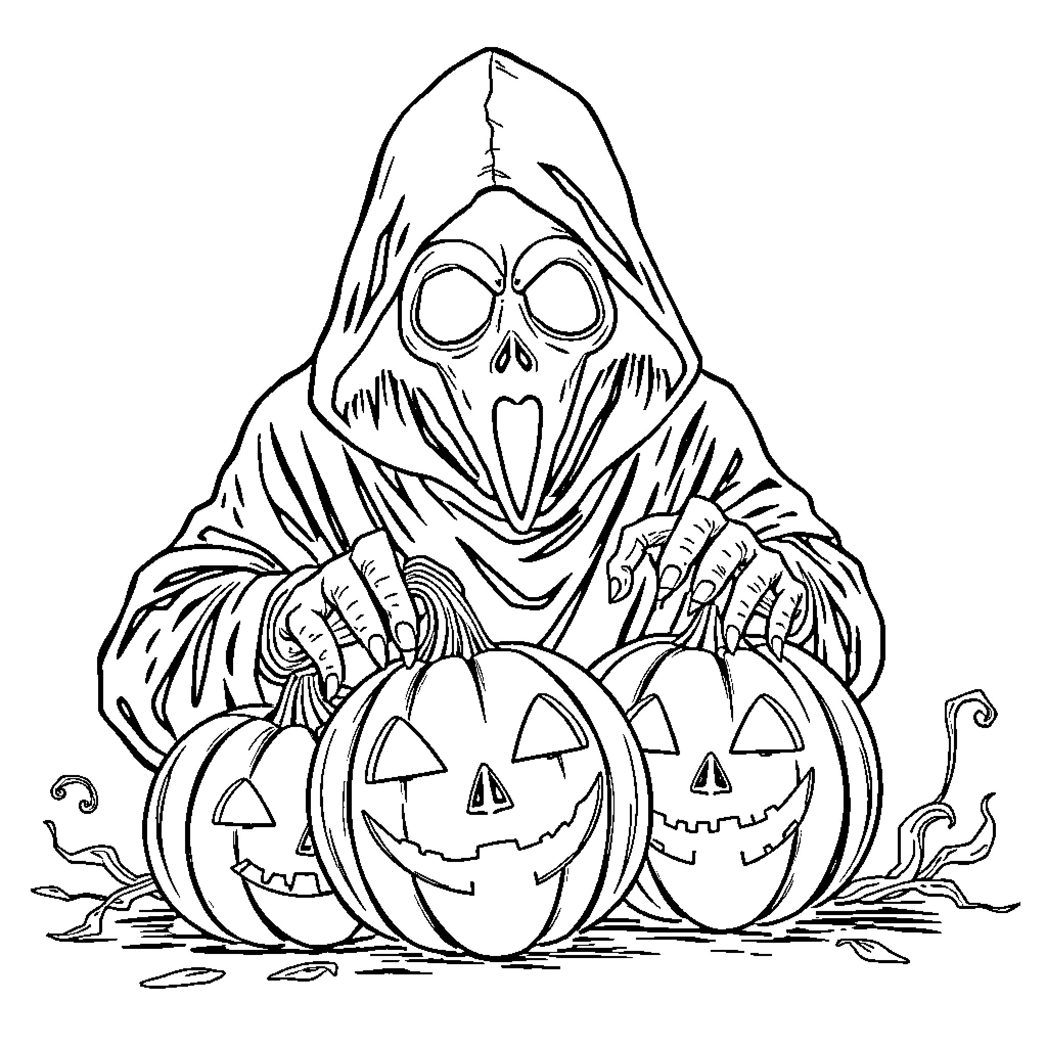 Ghostface summoning pumpkins in the shadows Coloring Page (free black-and-white line drawing printable PDF for all, from beginners to advanced learners, including children, teens, adults, and seniors)