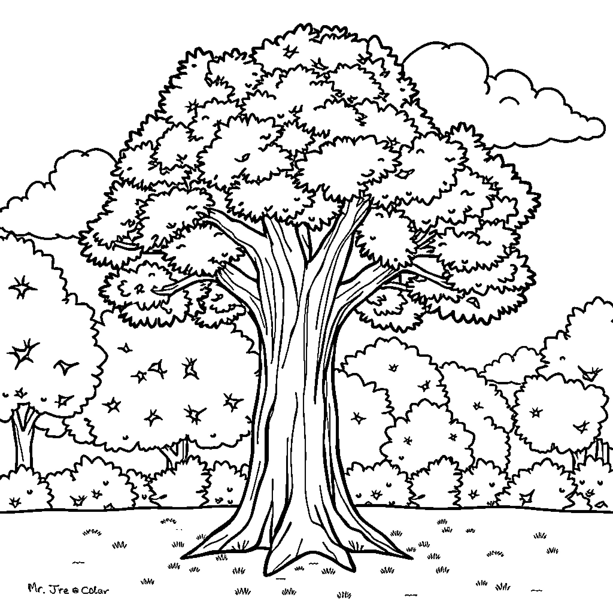 Tree in Peaceful Forest Landscape Coloring Page (free black-and-white line drawing printable PDF for all, from beginners to advanced learners, including children, teens, adults, and seniors)