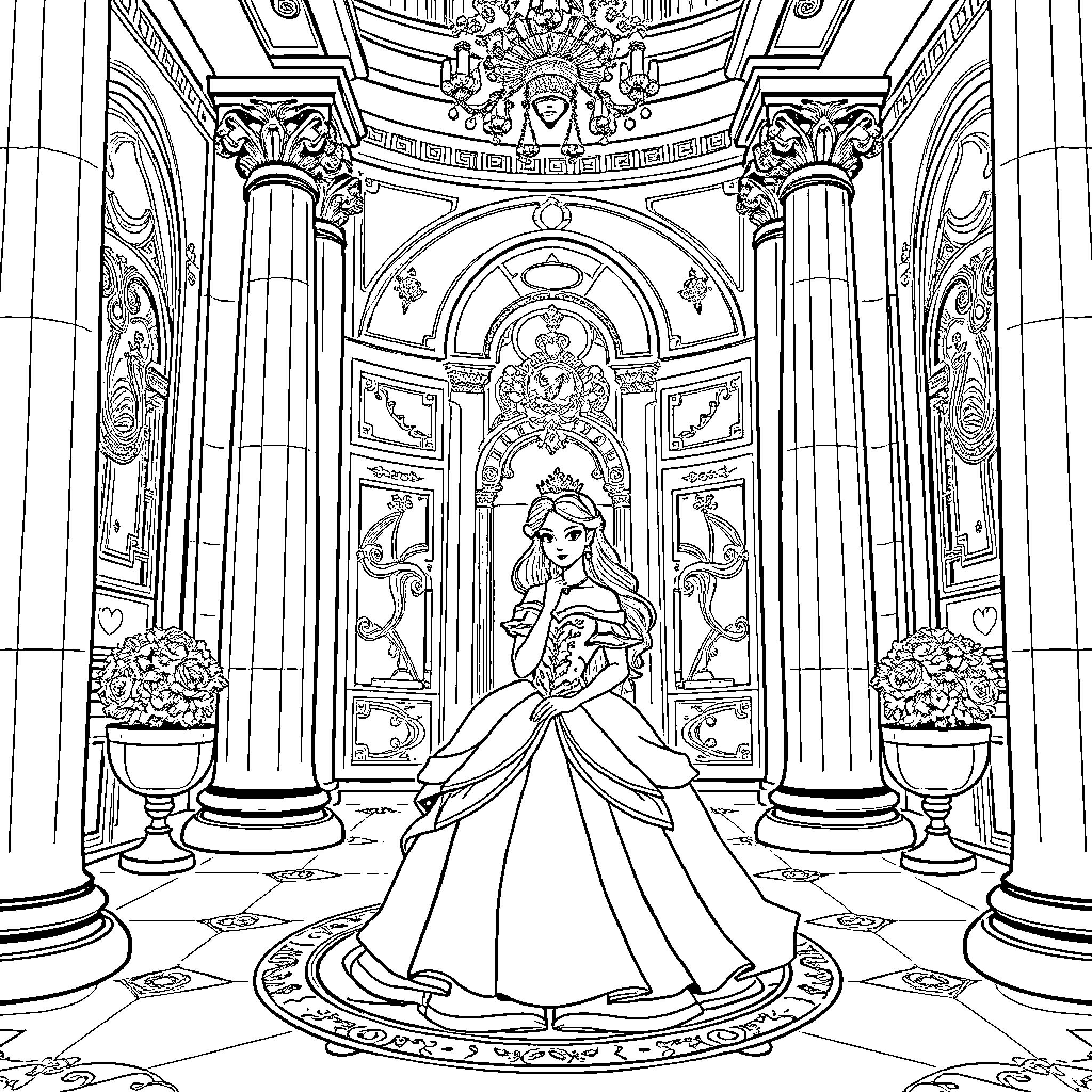 Princess in a grand palace hall Coloring Page (free black-and-white line drawing printable PDF for all, from beginners to advanced learners, including children, teens, adults, and seniors)