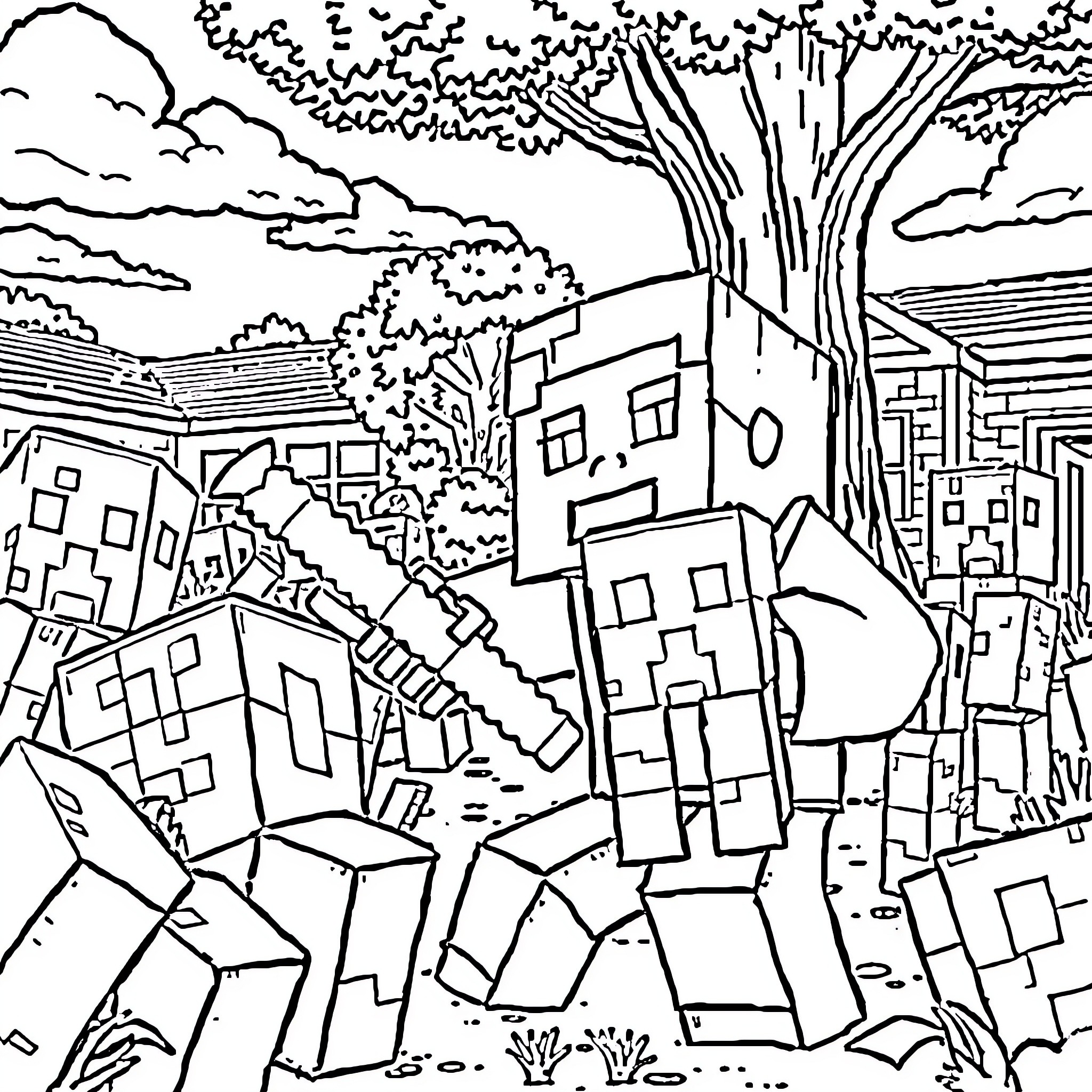 Steve's Geometric City Escape Coloring Page (free black-and-white line drawing printable PDF for all, from beginners to advanced learners, including children, teens, adults, and seniors)