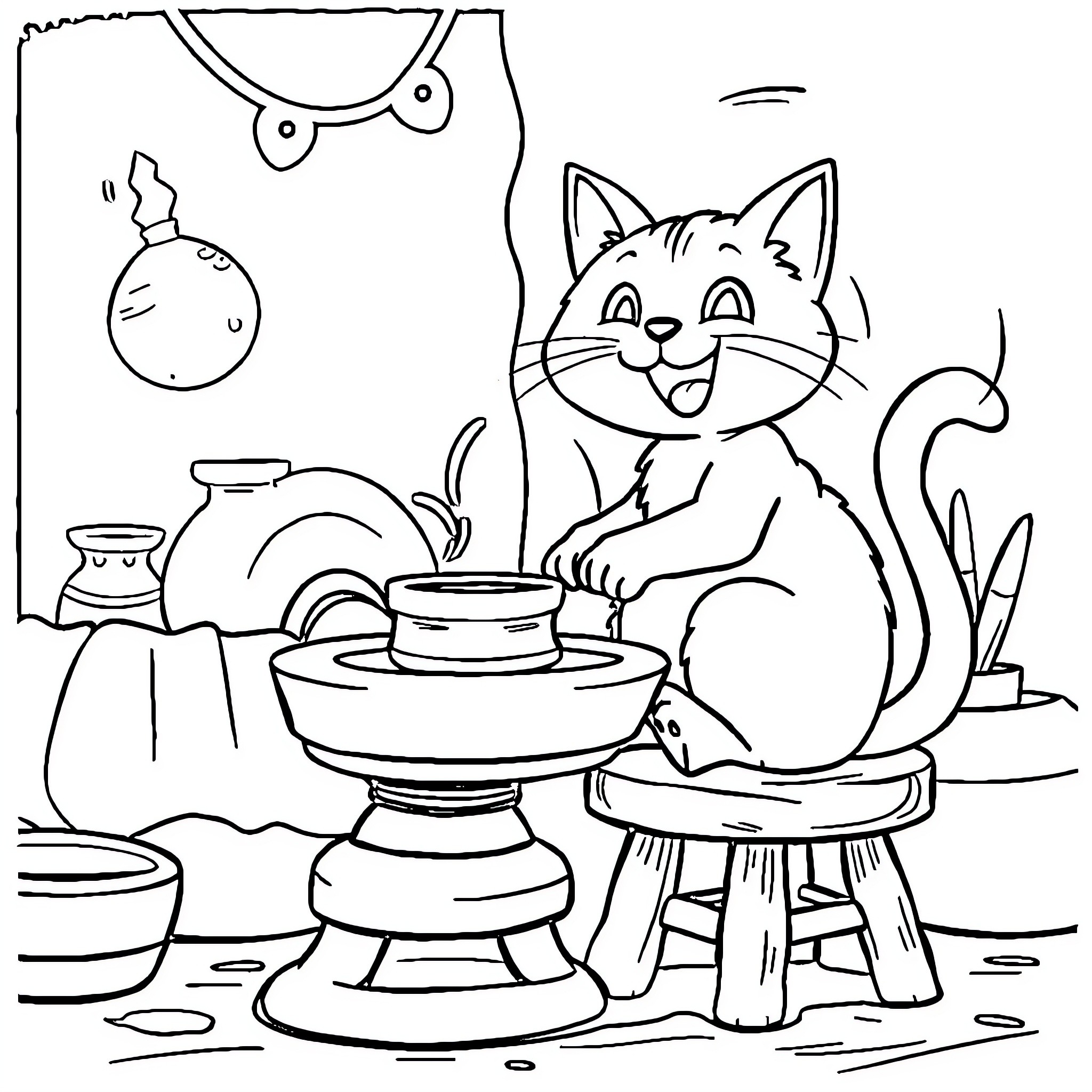 Cat enjoying a meal at the table Coloring Page (free black-and-white line drawing printable PDF for all, from beginners to advanced learners, including children, teens, adults, and seniors)
