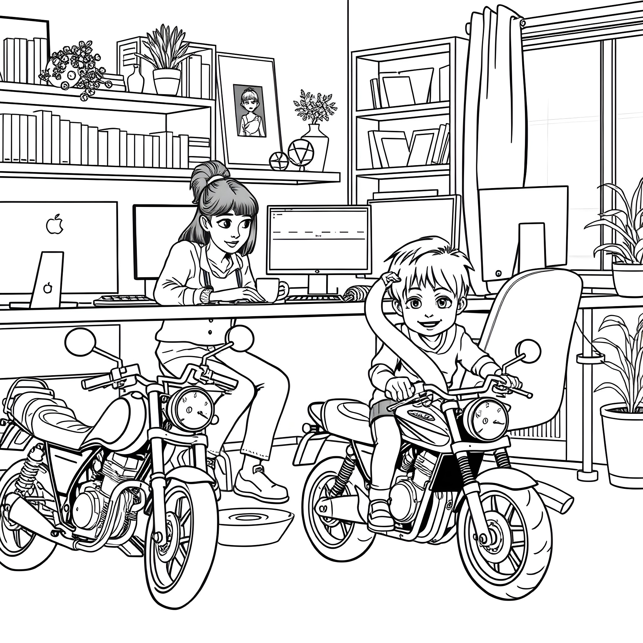 Boy riding motorcycles with friends in a cozy room Coloring Page (free black-and-white line drawing printable PDF for all, from beginners to advanced learners, including children, teens, adults, and seniors)