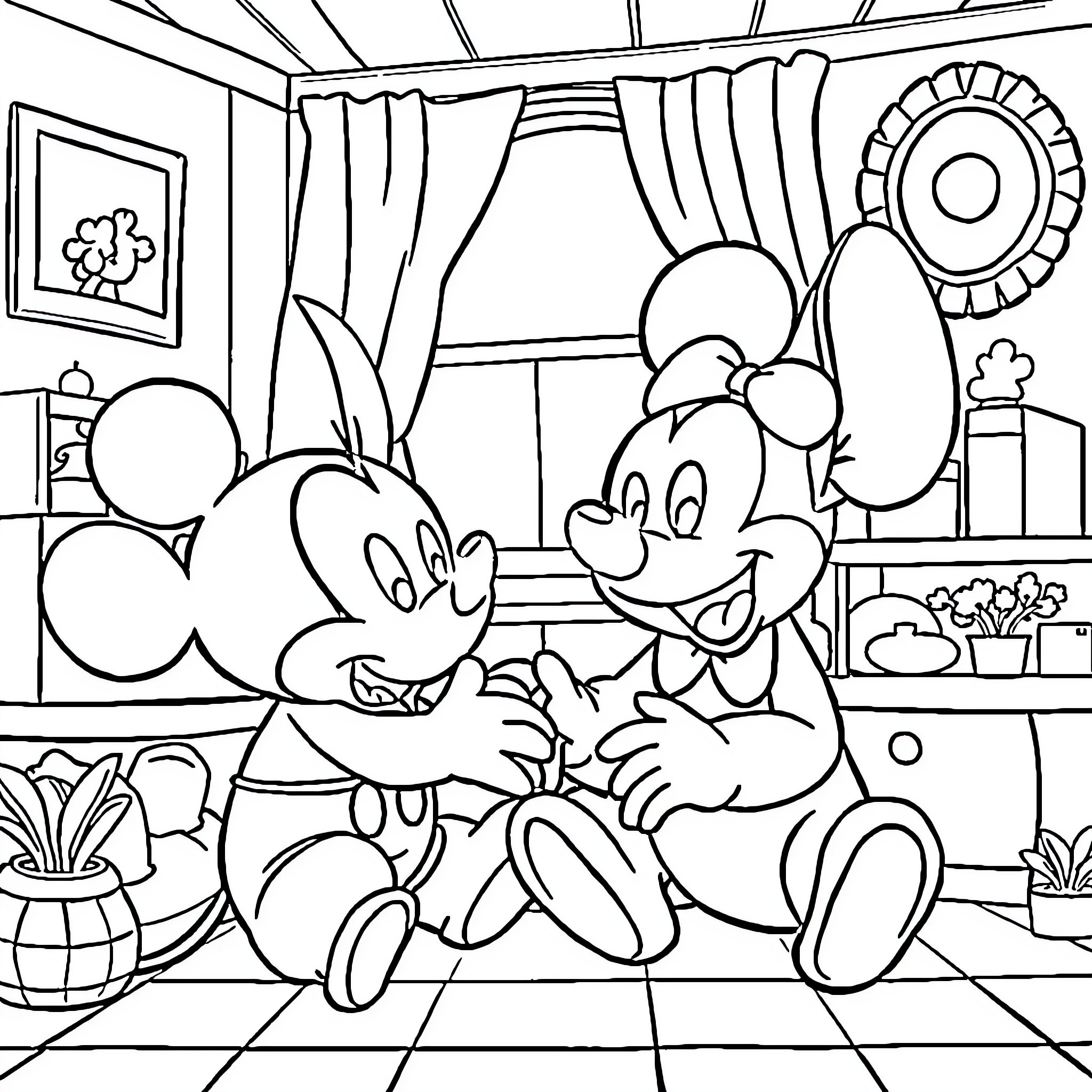 Stitch with Mickey Mouse in Colorful Room Coloring Page (free black-and-white line drawing printable PDF for all, from beginners to advanced learners, including children, teens, adults, and seniors)
