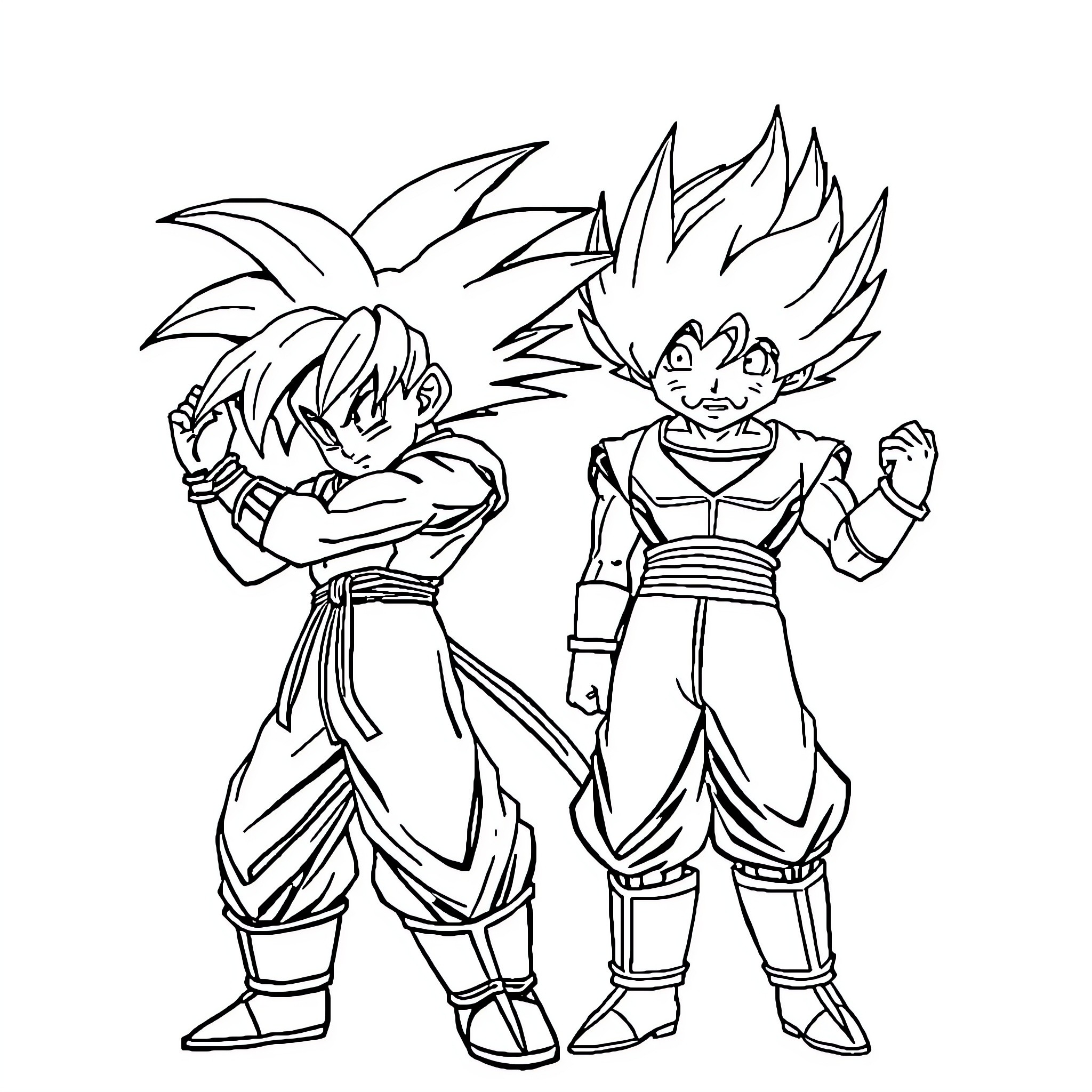 Goku and Vegeta in combat poses Coloring Page (free black-and-white line drawing printable PDF for all, from beginners to advanced learners, including children, teens, adults, and seniors)