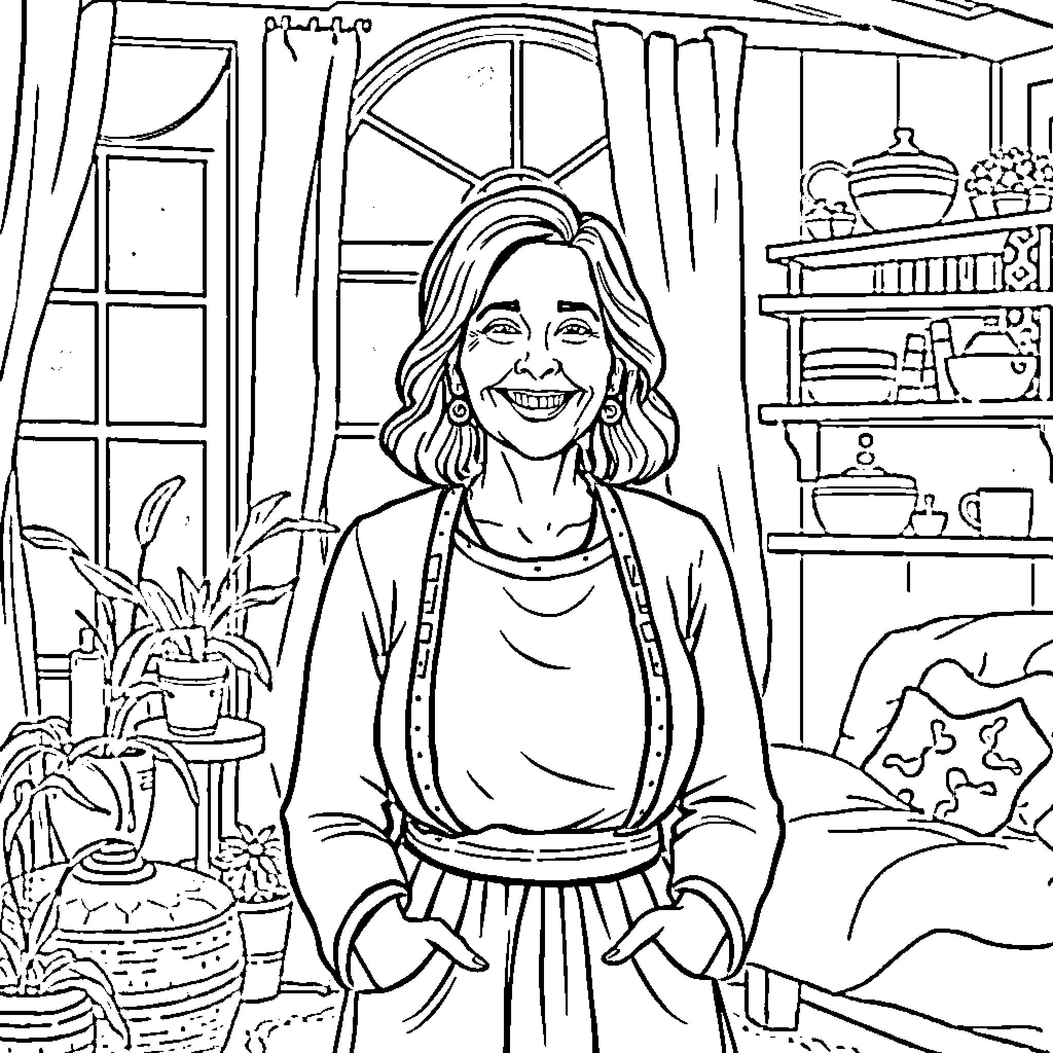 Bertha's Cozy Cottage Coloring Page (free black-and-white line drawing printable PDF for all, from beginners to advanced learners, including children, teens, adults, and seniors)