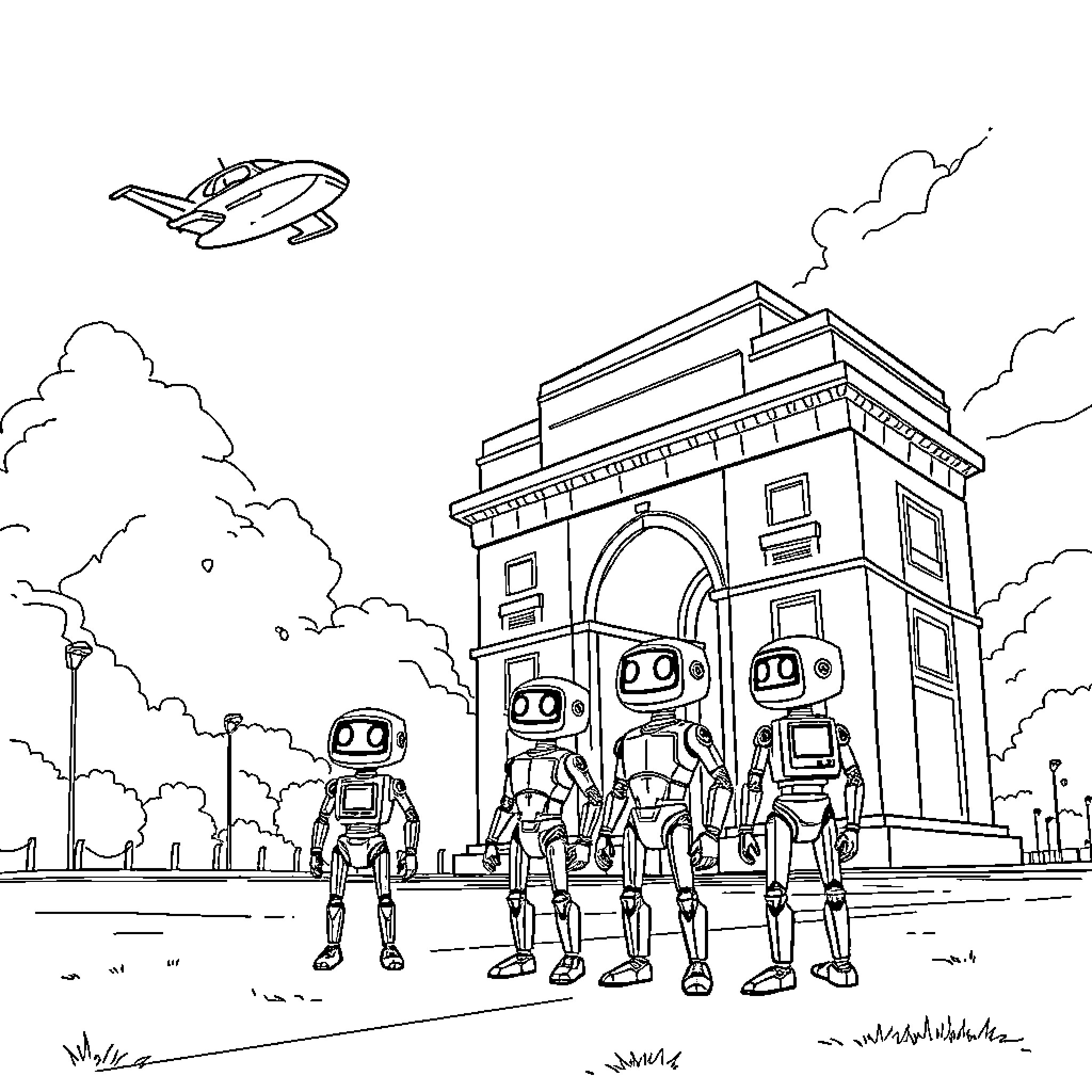 Flying Car with Robots in Front of City Monument Coloring Page (free black-and-white line drawing printable PDF for all, from beginners to advanced learners, including children, teens, adults, and seniors)