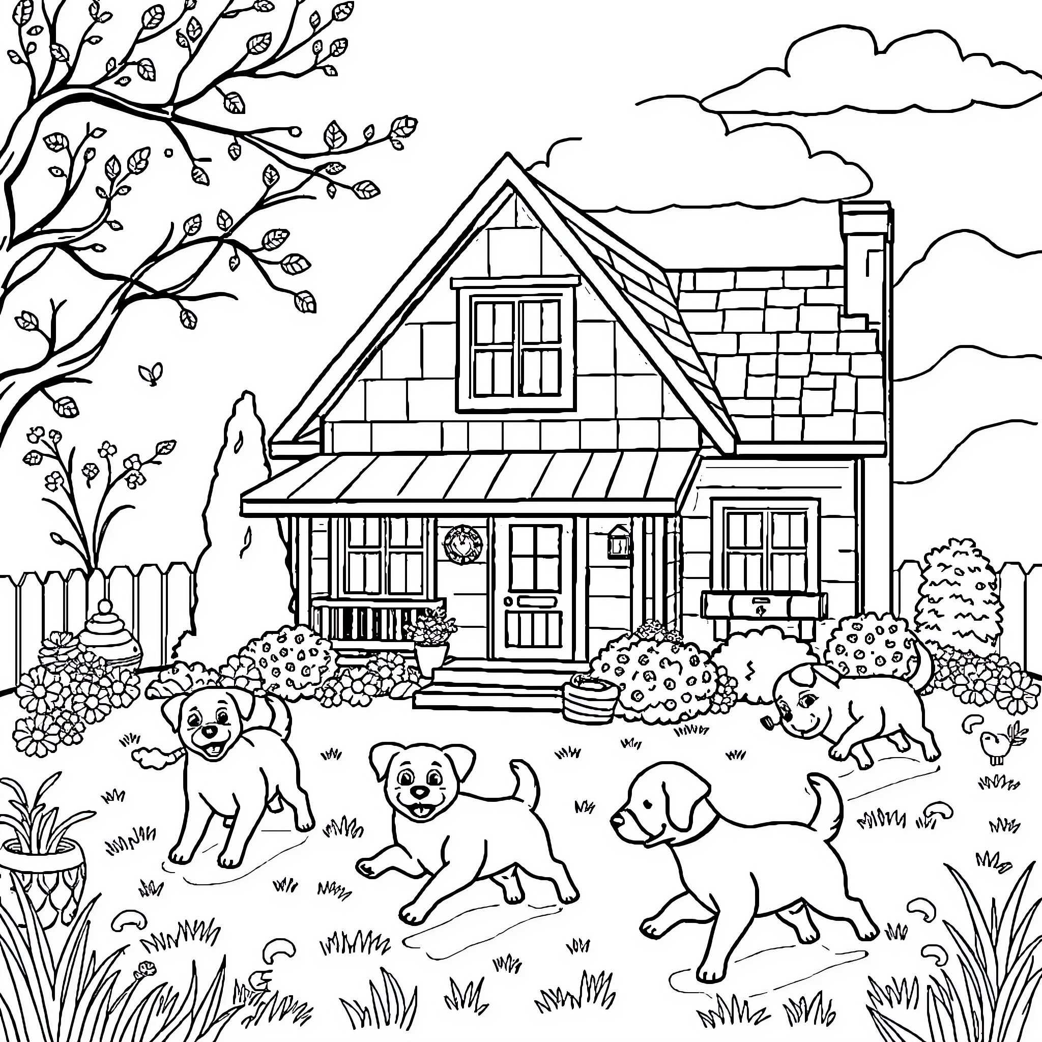 House with dogs playing in the yard Coloring Page (free black-and-white line drawing printable PDF for all, from beginners to advanced learners, including children, teens, adults, and seniors)