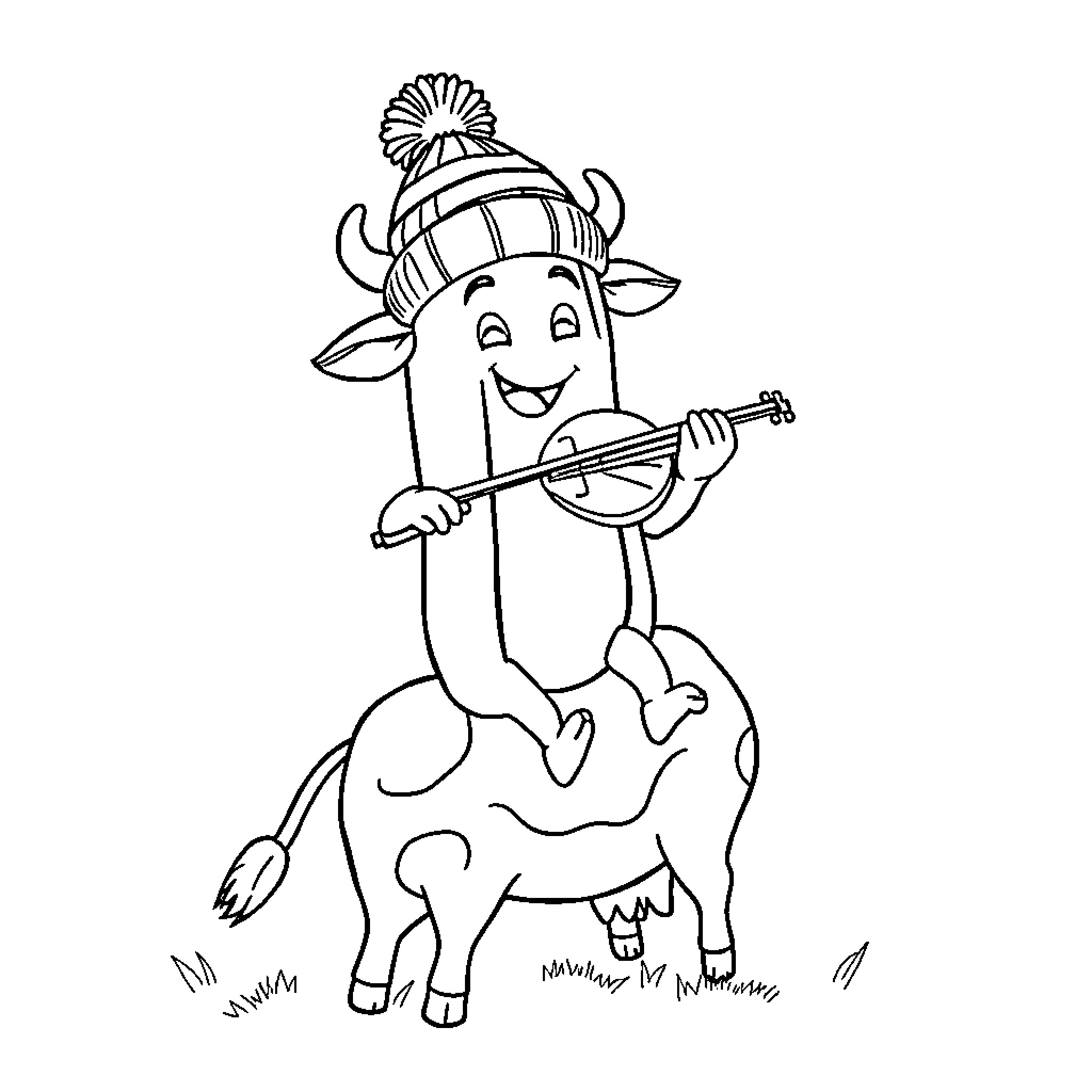 Hotdog riding a happy cartoon donkey Coloring Page (free black-and-white line drawing printable PDF for all, from beginners to advanced learners, including children, teens, adults, and seniors)
