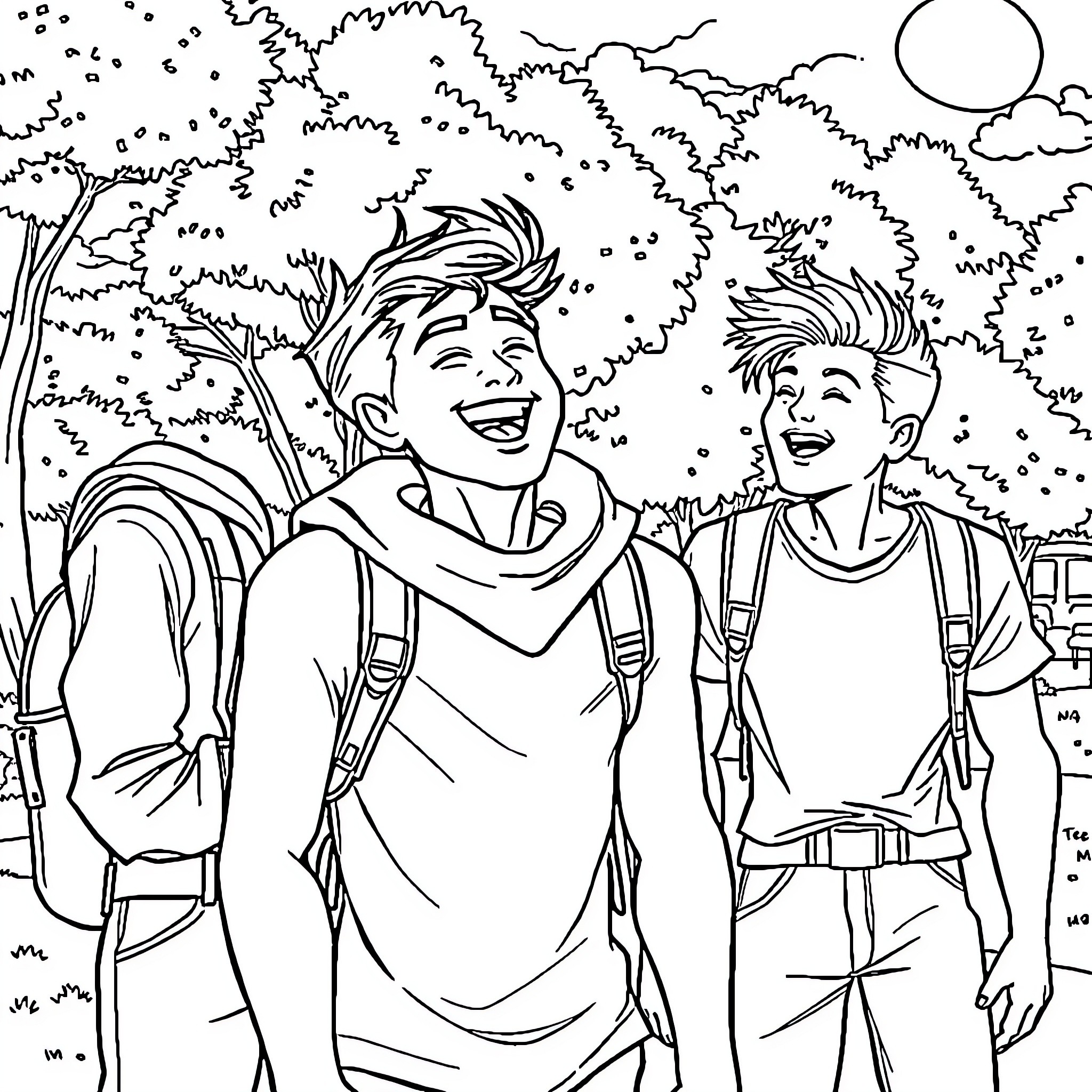 Teen friends laughing and exploring the outdoors Coloring Page (free black-and-white line drawing printable PDF for all, from beginners to advanced learners, including children, teens, adults, and seniors)