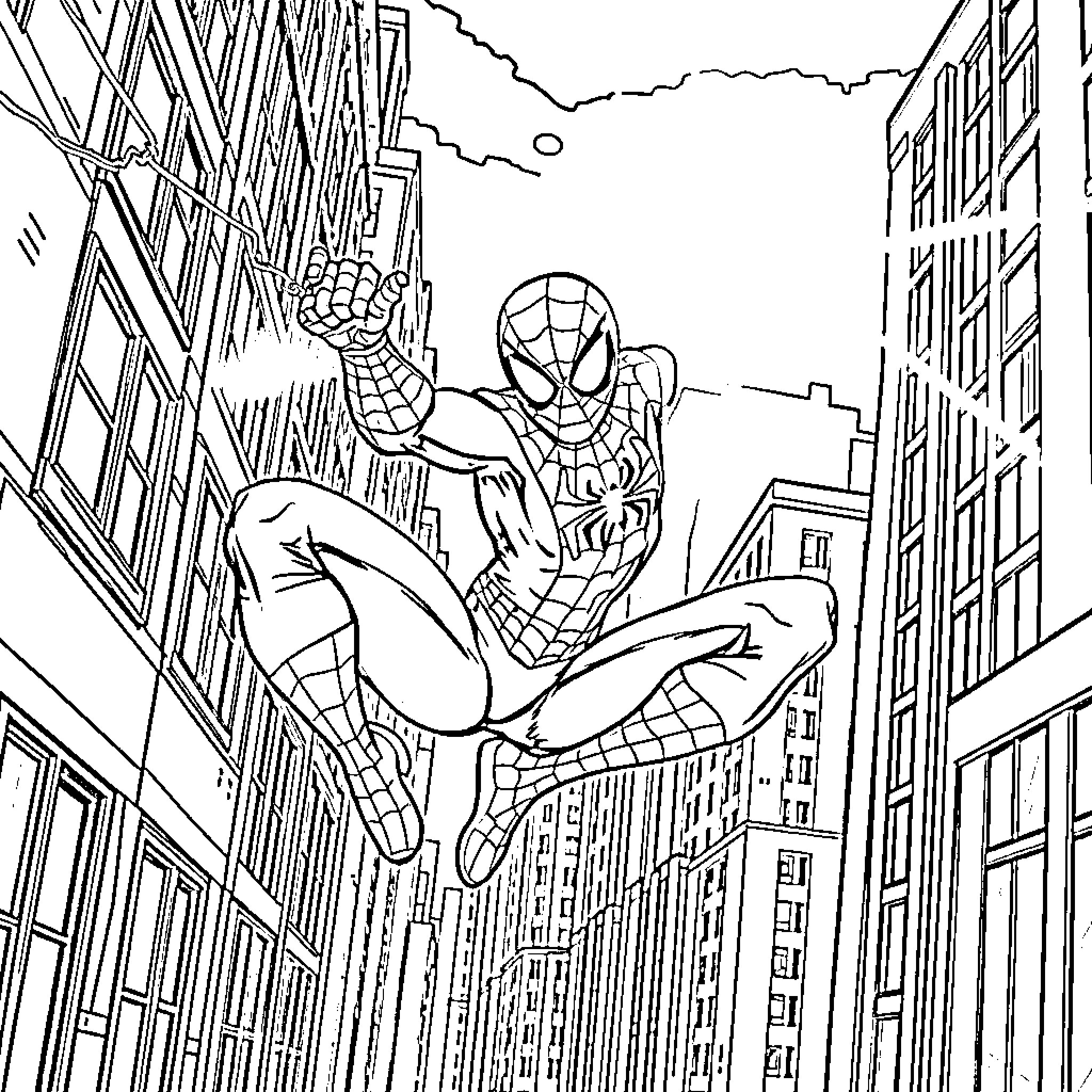 Spiderman swinging through the city skyline Coloring Page (free black-and-white line drawing printable PDF for all, from beginners to advanced learners, including children, teens, adults, and seniors)