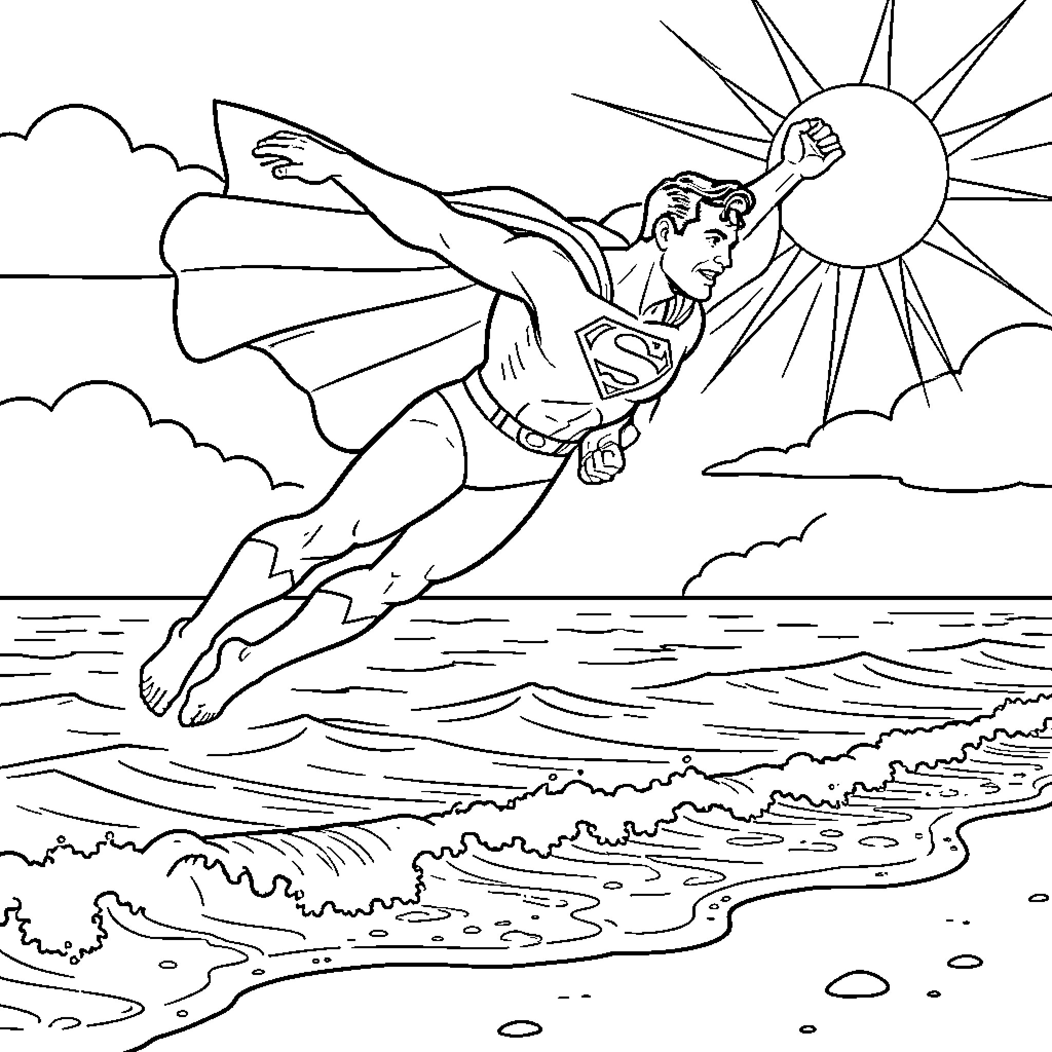 Superman soaring through the sky Coloring Page (free black-and-white line drawing printable PDF for all, from beginners to advanced learners, including children, teens, adults, and seniors)