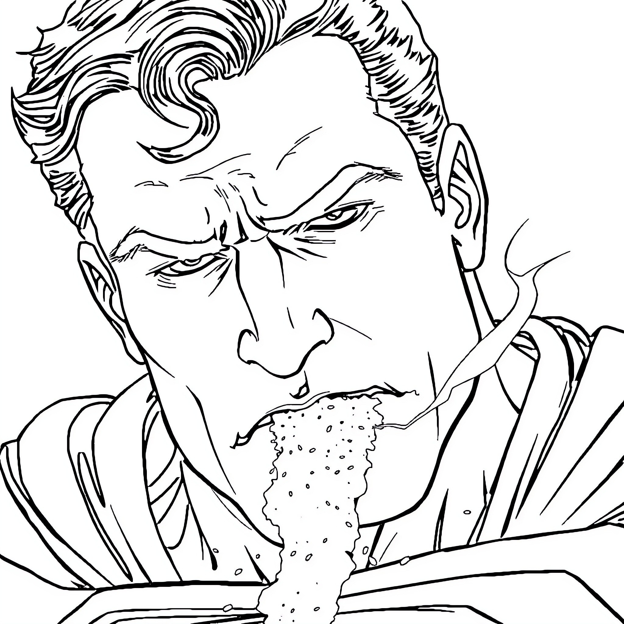 Superman in thoughtful contemplation Coloring Page (free black-and-white line drawing printable PDF for all, from beginners to advanced learners, including children, teens, adults, and seniors)