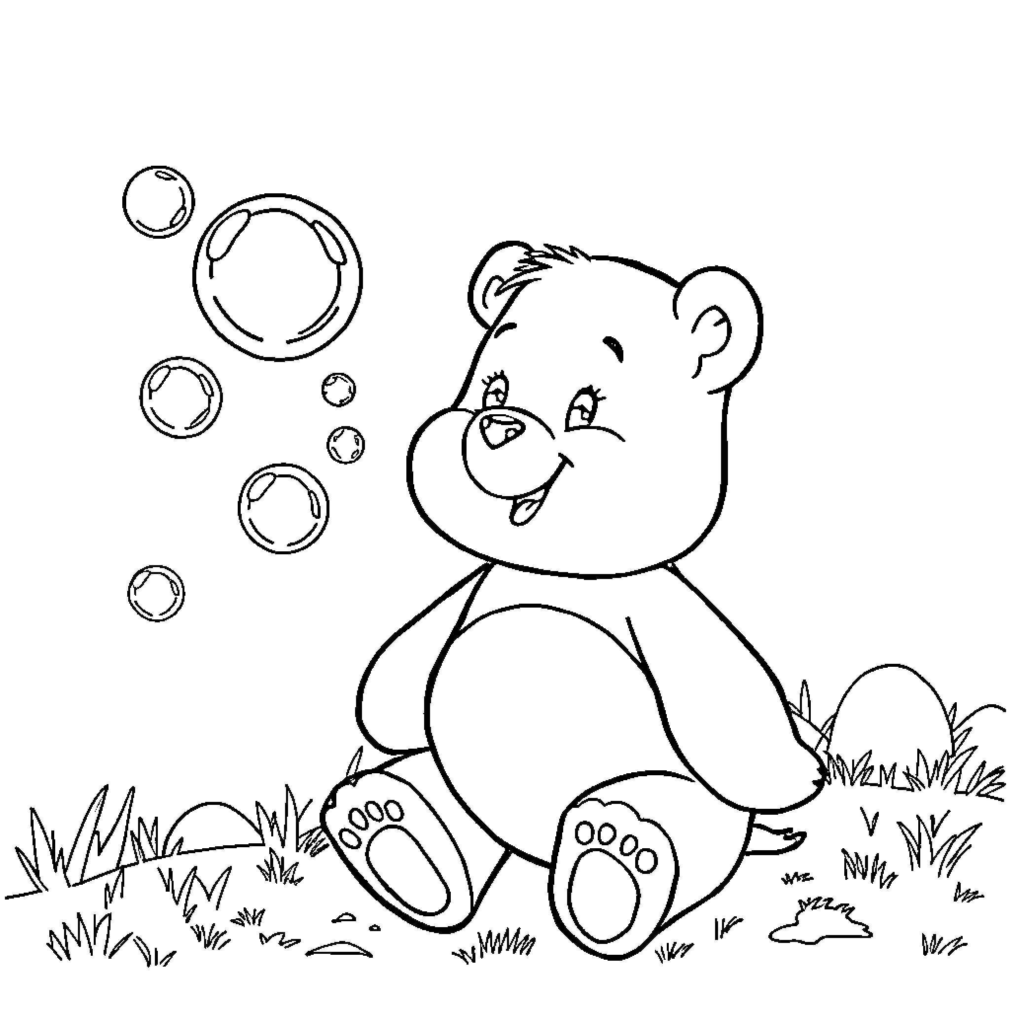 Care Bear playing with bubbles in the meadow Coloring Page (free black-and-white line drawing printable PDF for all, from beginners to advanced learners, including children, teens, adults, and seniors)