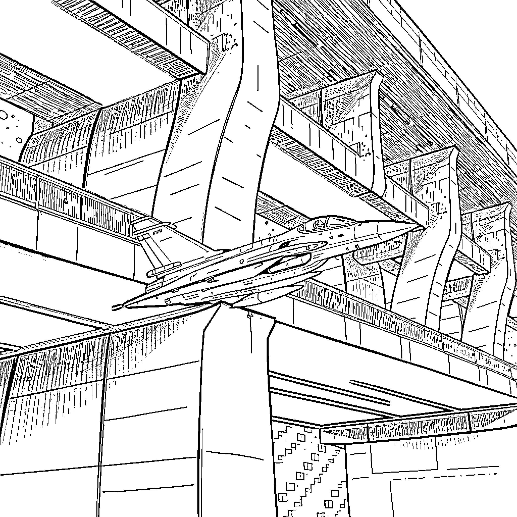 Mirage 2000 aircraft in hangar Coloring Page (free black-and-white line drawing printable PDF for all, from beginners to advanced learners, including children, teens, adults, and seniors)