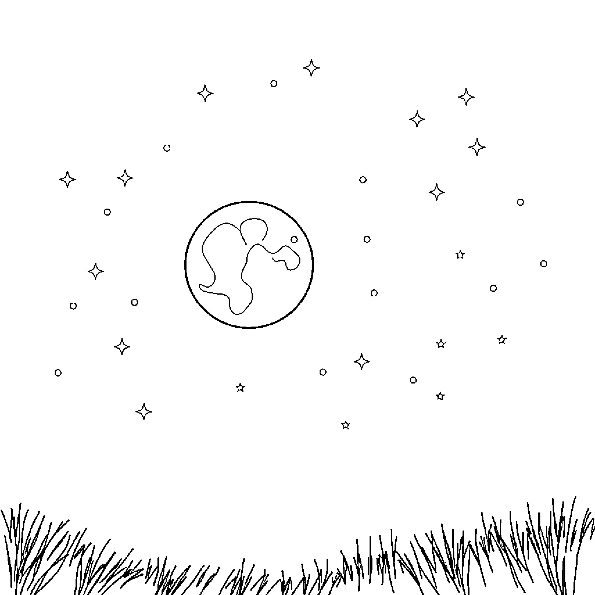 Moon shining over the celestial landscape Coloring Page (free black-and-white line drawing printable PDF for all, from beginners to advanced learners, including children, teens, adults, and seniors)