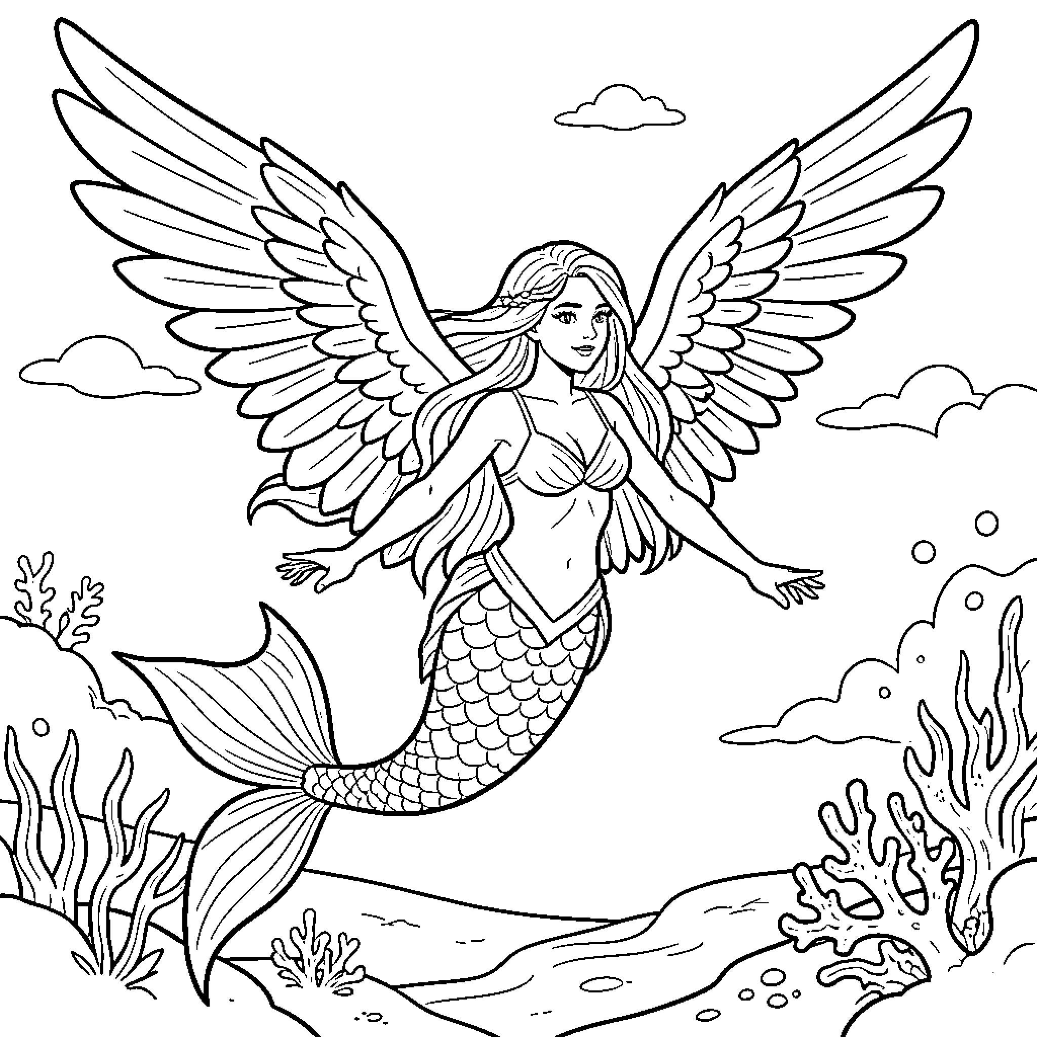 Siren with large wings swimming through ocean reefs Coloring Page (free black-and-white line drawing printable PDF for all, from beginners to advanced learners, including children, teens, adults, and seniors)