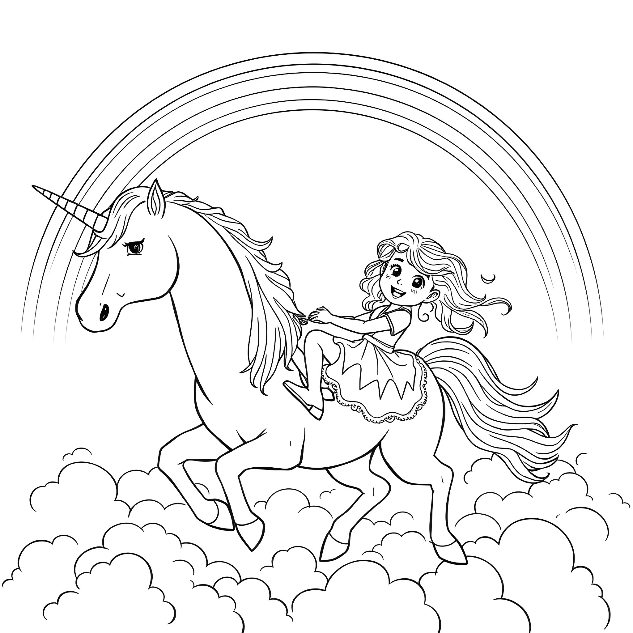 Unicorn and Fairy Princess Riding Through the Clouds Coloring Page (free black-and-white line drawing printable PDF for all, from beginners to advanced learners, including children, teens, adults, and seniors)