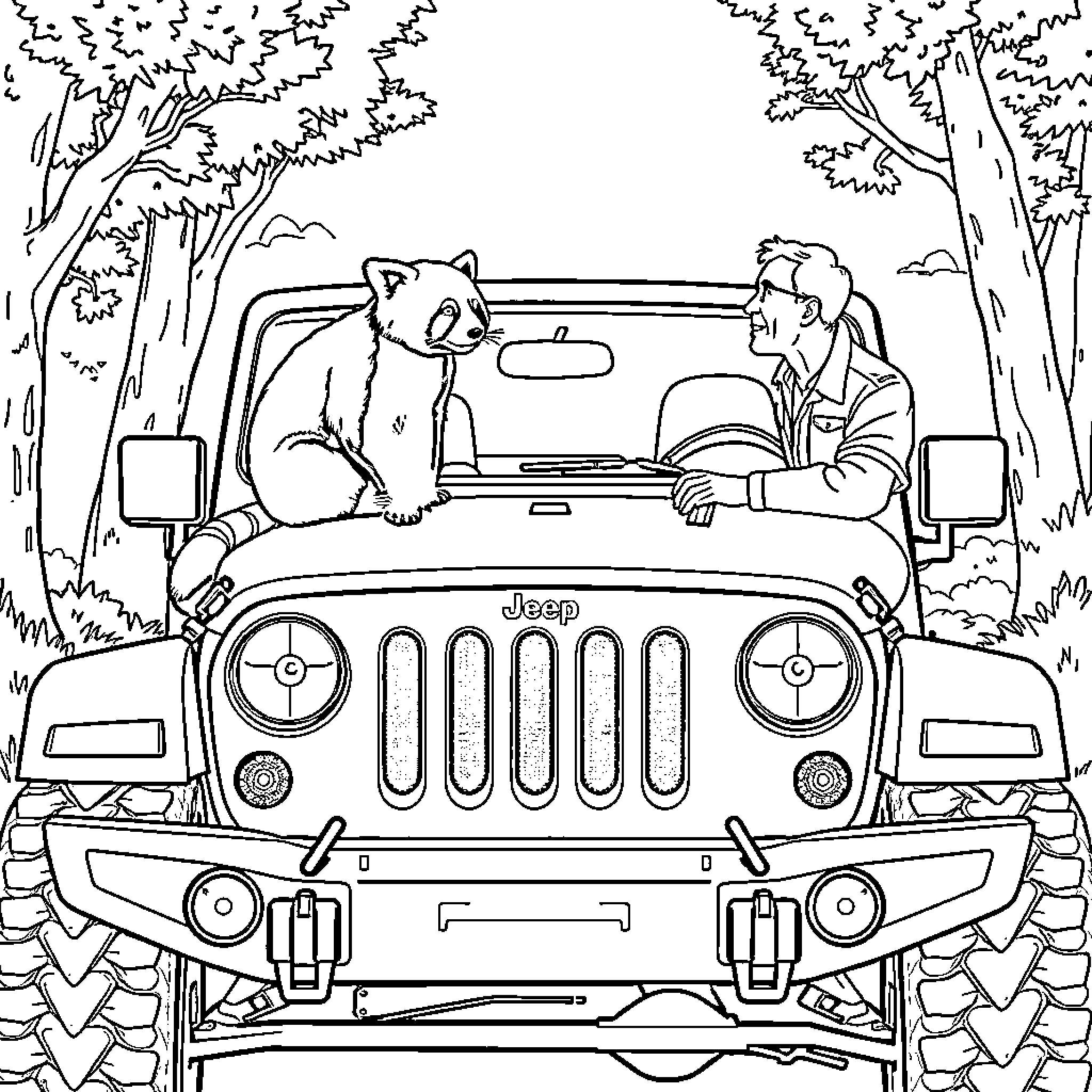 Red Panda riding in Jeep with human Coloring Page (free black-and-white line drawing printable PDF for all, from beginners to advanced learners, including children, teens, adults, and seniors)