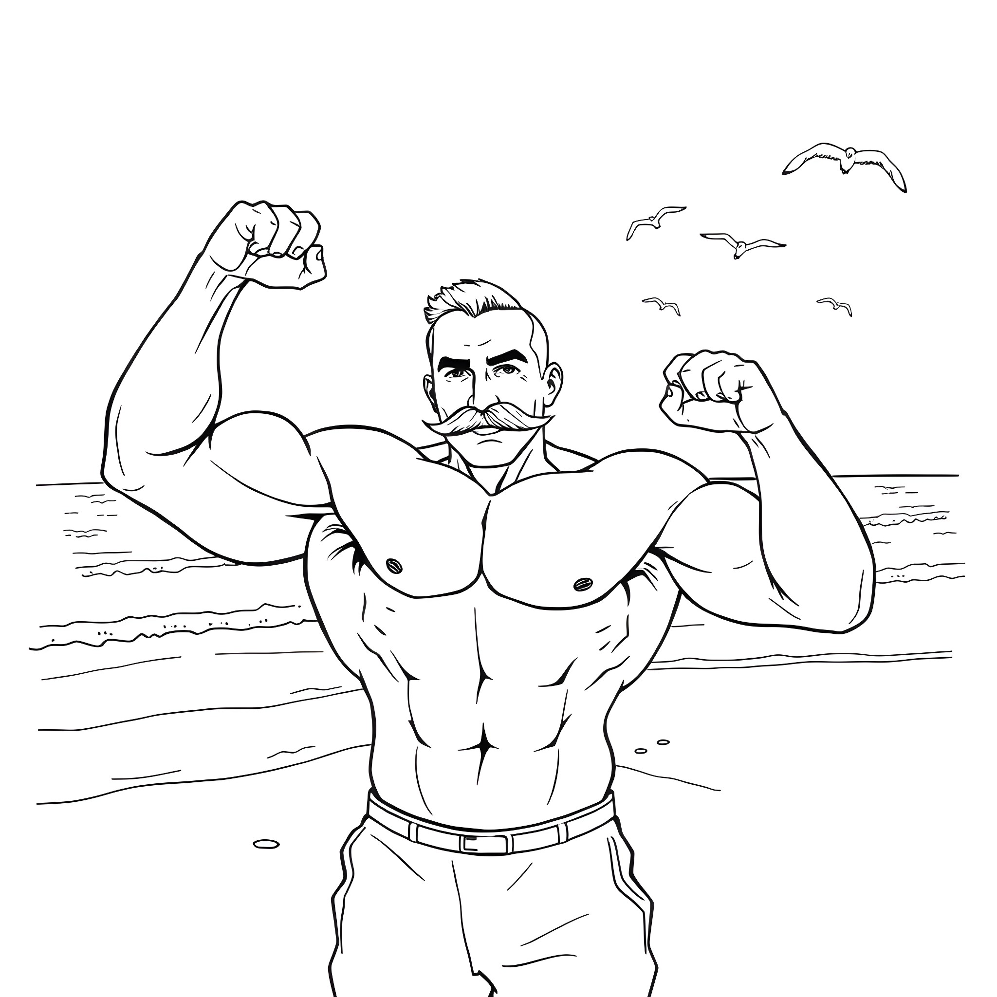 Man Flexing Muscular Arms on Beach with Seagulls Coloring Page (free black-and-white line drawing printable PDF for all, from beginners to advanced learners, including children, teens, adults, and seniors)