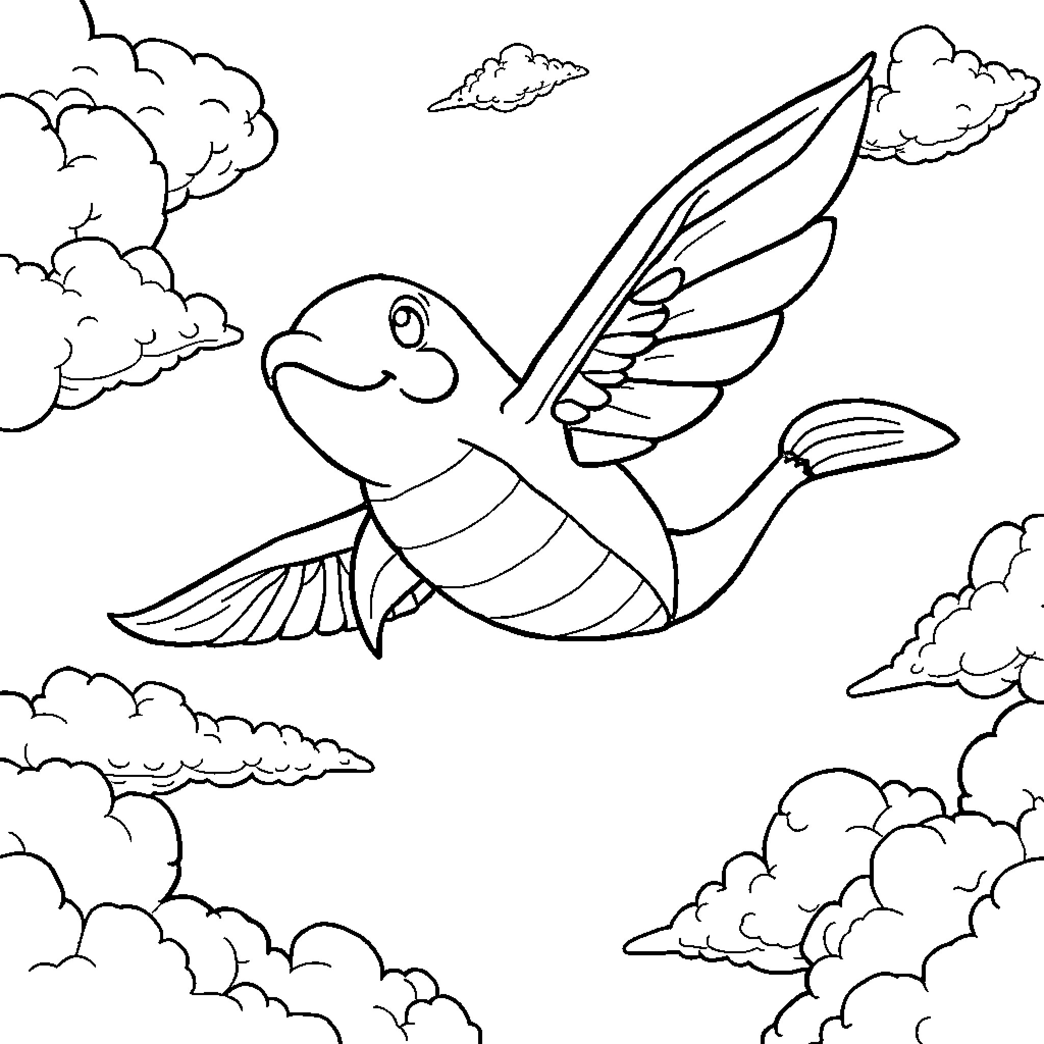 Pig flying happily in the cloudy sky Coloring Page (free black-and-white line drawing printable PDF for all, from beginners to advanced learners, including children, teens, adults, and seniors)
