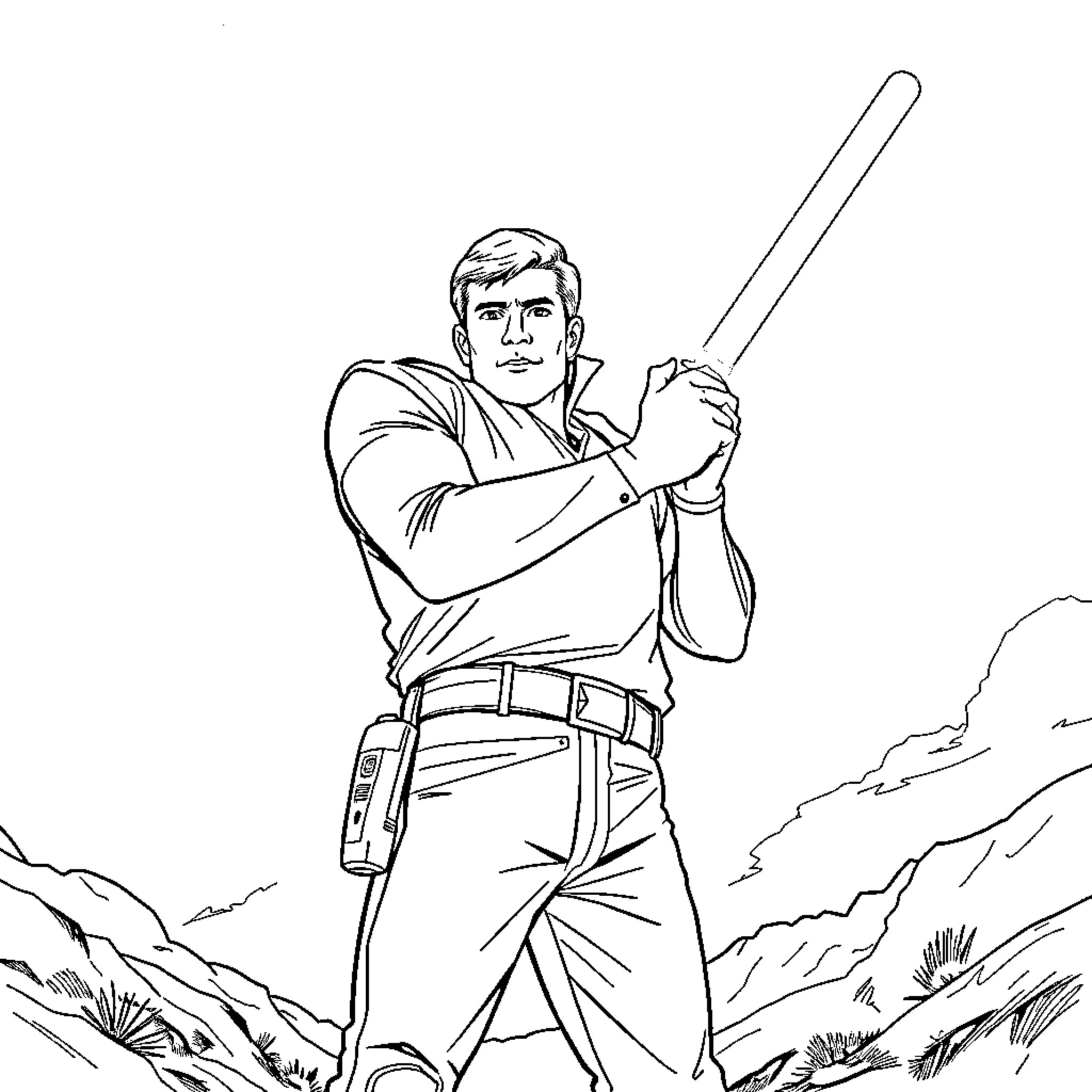 Archer heroically wielding his weapon in the wilderness Coloring Page (free black-and-white line drawing printable PDF for all, from beginners to advanced learners, including children, teens, adults, and seniors)
