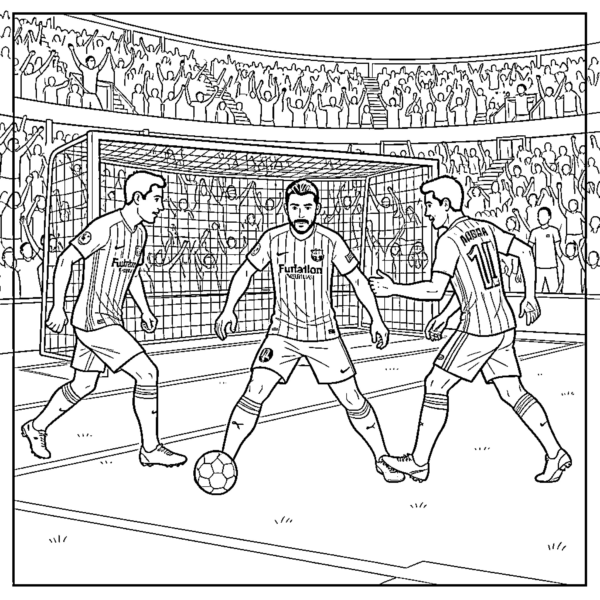 Football Club Barcelona players competing during a match Coloring Page (free black-and-white line drawing printable PDF for all, from beginners to advanced learners, including children, teens, adults, and seniors)