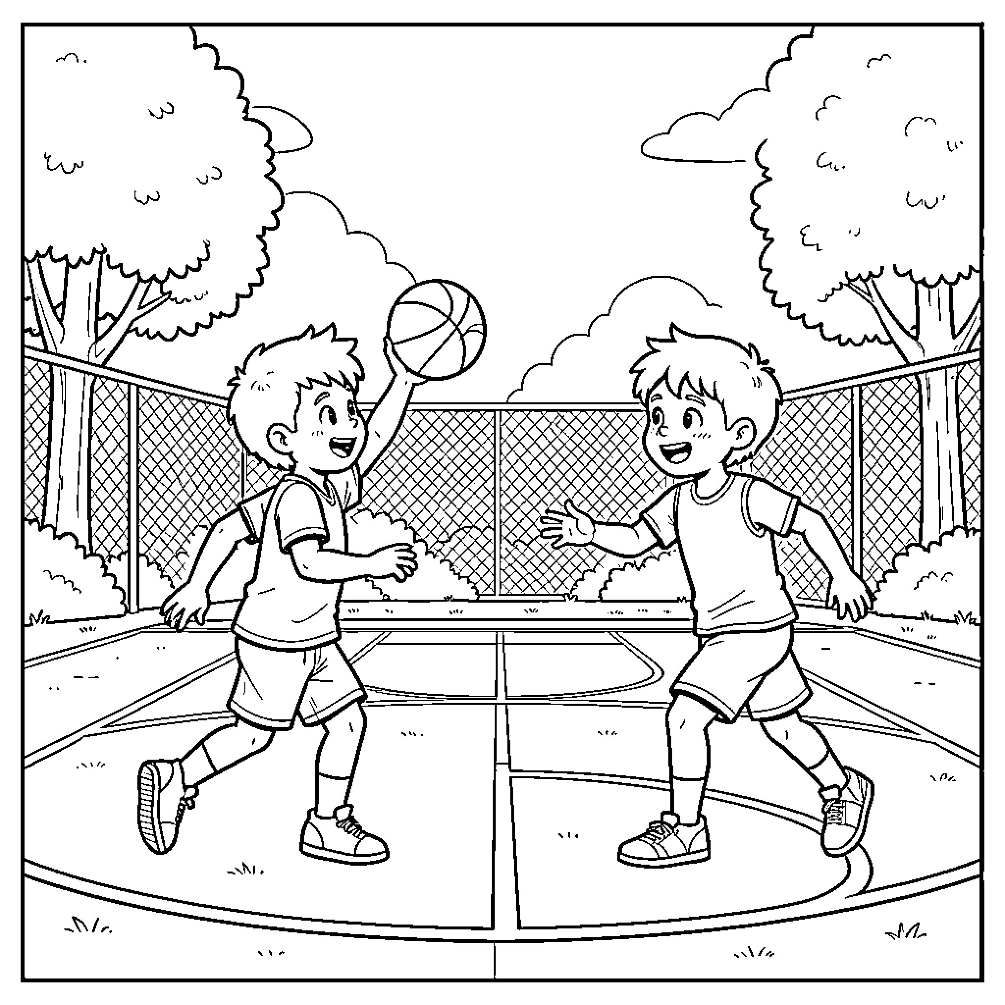 Basketball players playing a game on an outdoor court Coloring Page (free black-and-white line drawing printable PDF for all, from beginners to advanced learners, including children, teens, adults, and seniors)
