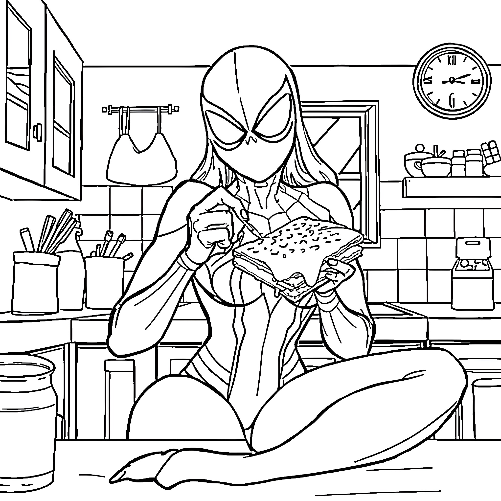 Spider Woman enjoying a snack in the kitchen Coloring Page (free black-and-white line drawing printable PDF for all, from beginners to advanced learners, including children, teens, adults, and seniors)