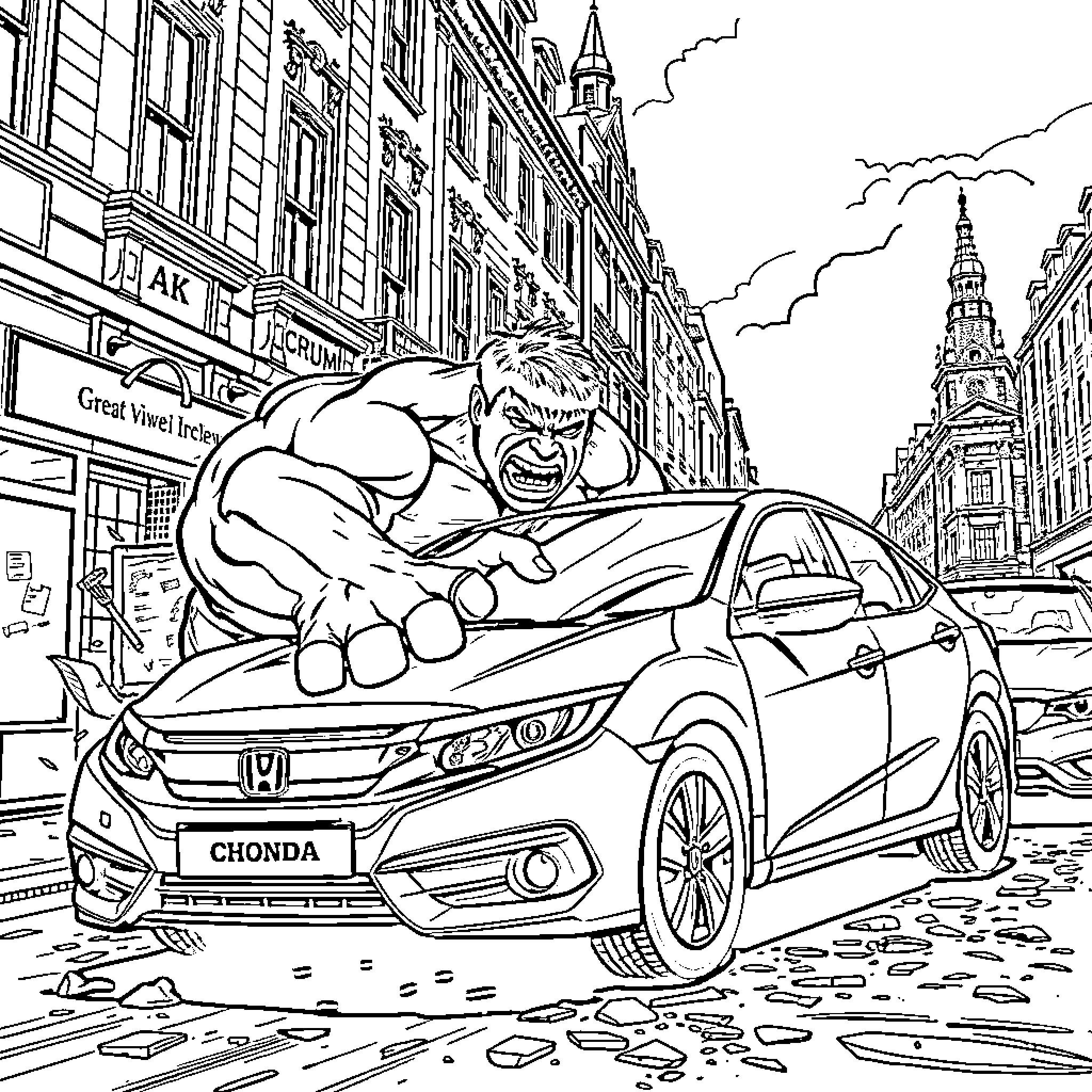 Hulk Smashing Through the City Streets Coloring Page (free black-and-white line drawing printable PDF for all, from beginners to advanced learners, including children, teens, adults, and seniors)