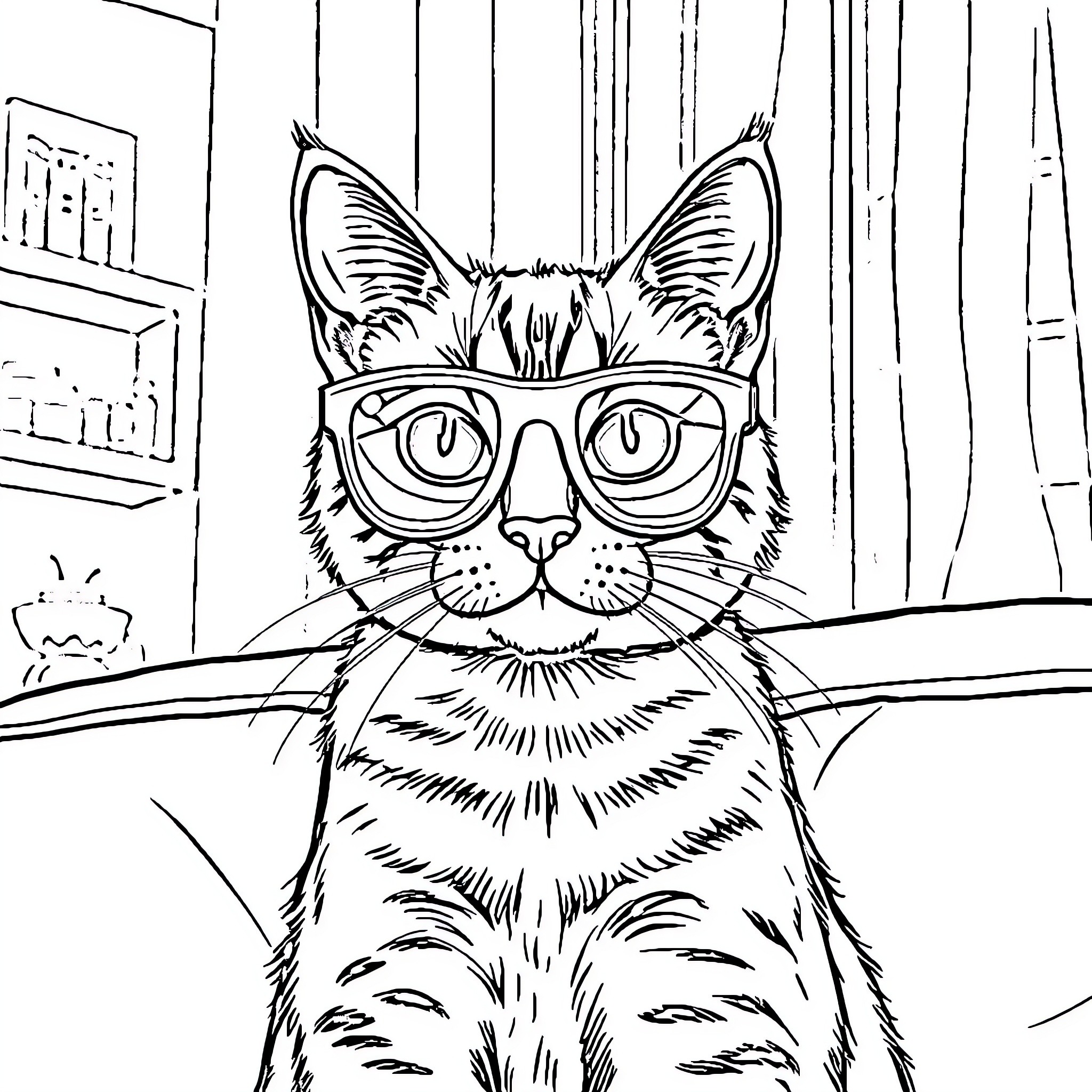 Cat wearing glasses in a cozy room Coloring Page (free black-and-white line drawing printable PDF for all, from beginners to advanced learners, including children, teens, adults, and seniors)