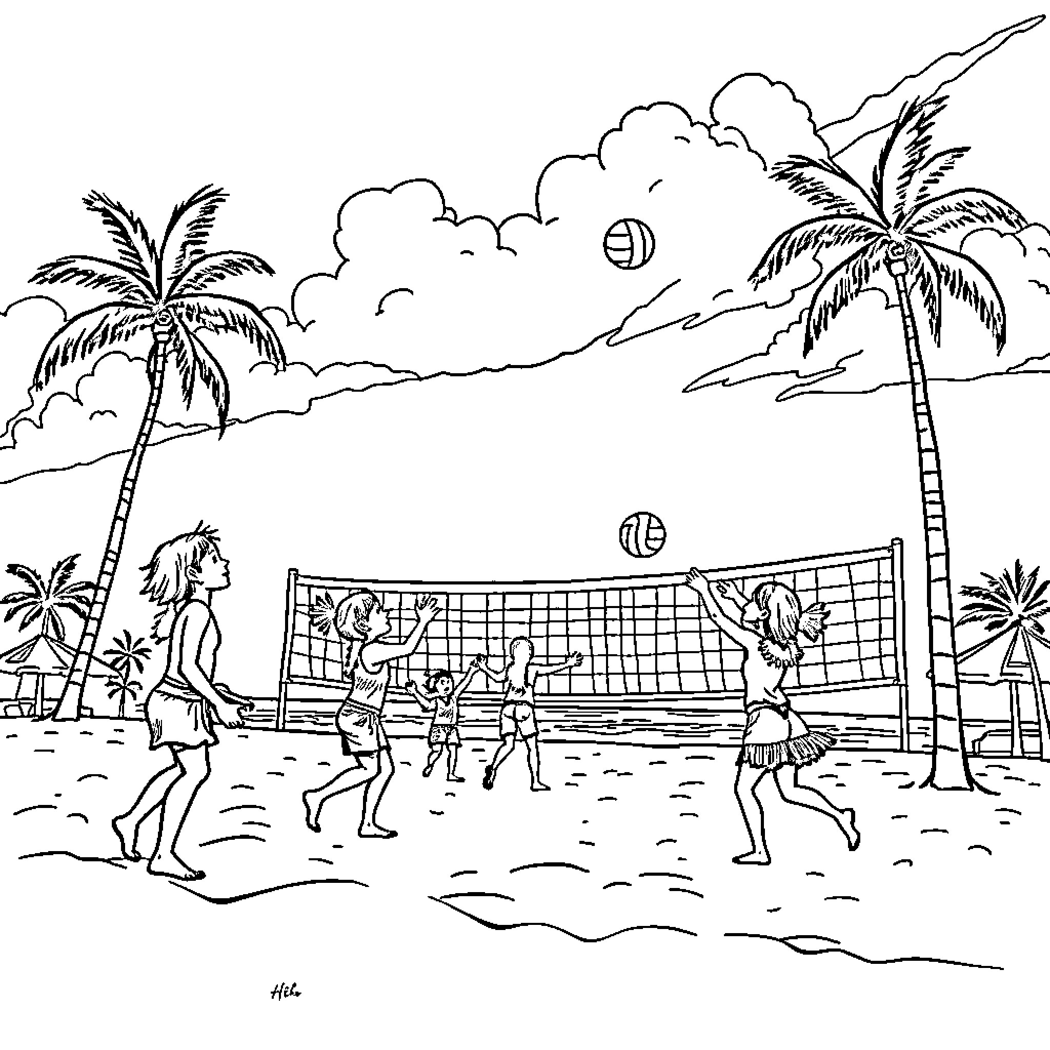 Cherokee beach volleyball game under palm trees Coloring Page (free black-and-white line drawing printable PDF for all, from beginners to advanced learners, including children, teens, adults, and seniors)