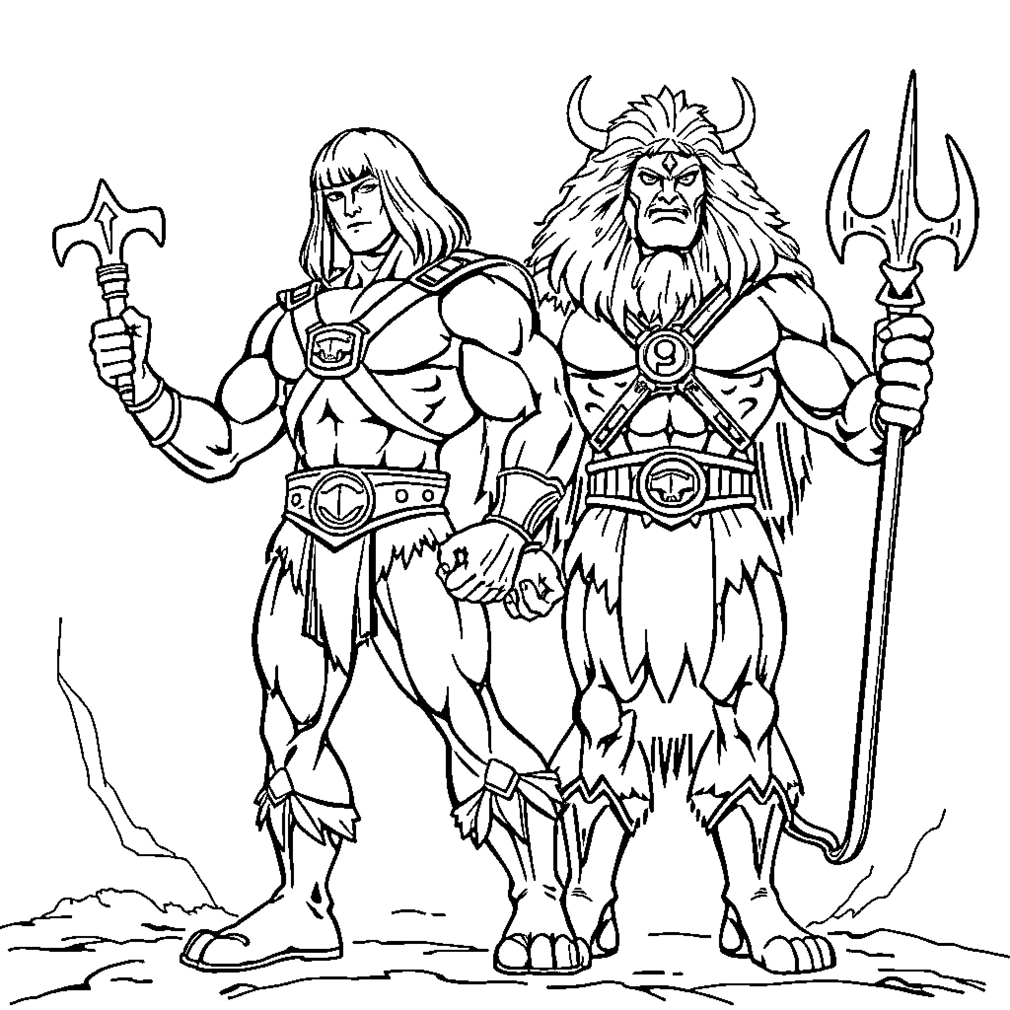 He-Man and Beast Man in combat poses Coloring Page (free black-and-white line drawing printable PDF for all, from beginners to advanced learners, including children, teens, adults, and seniors)